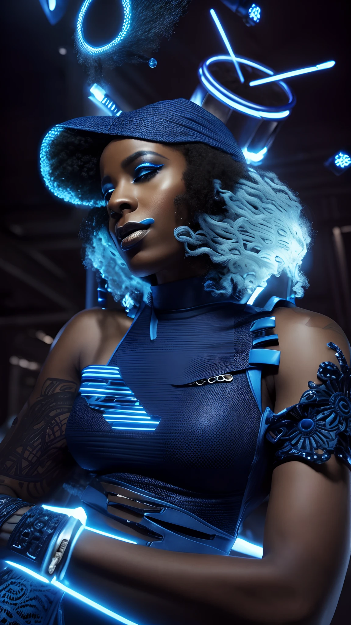 Afrofuturism, a light skin woman wearing a dark blue afrofuturistic tribal clothes, dreadkocks top hair, cyber punk City in background, ultra quality, intricate details, white skin tone