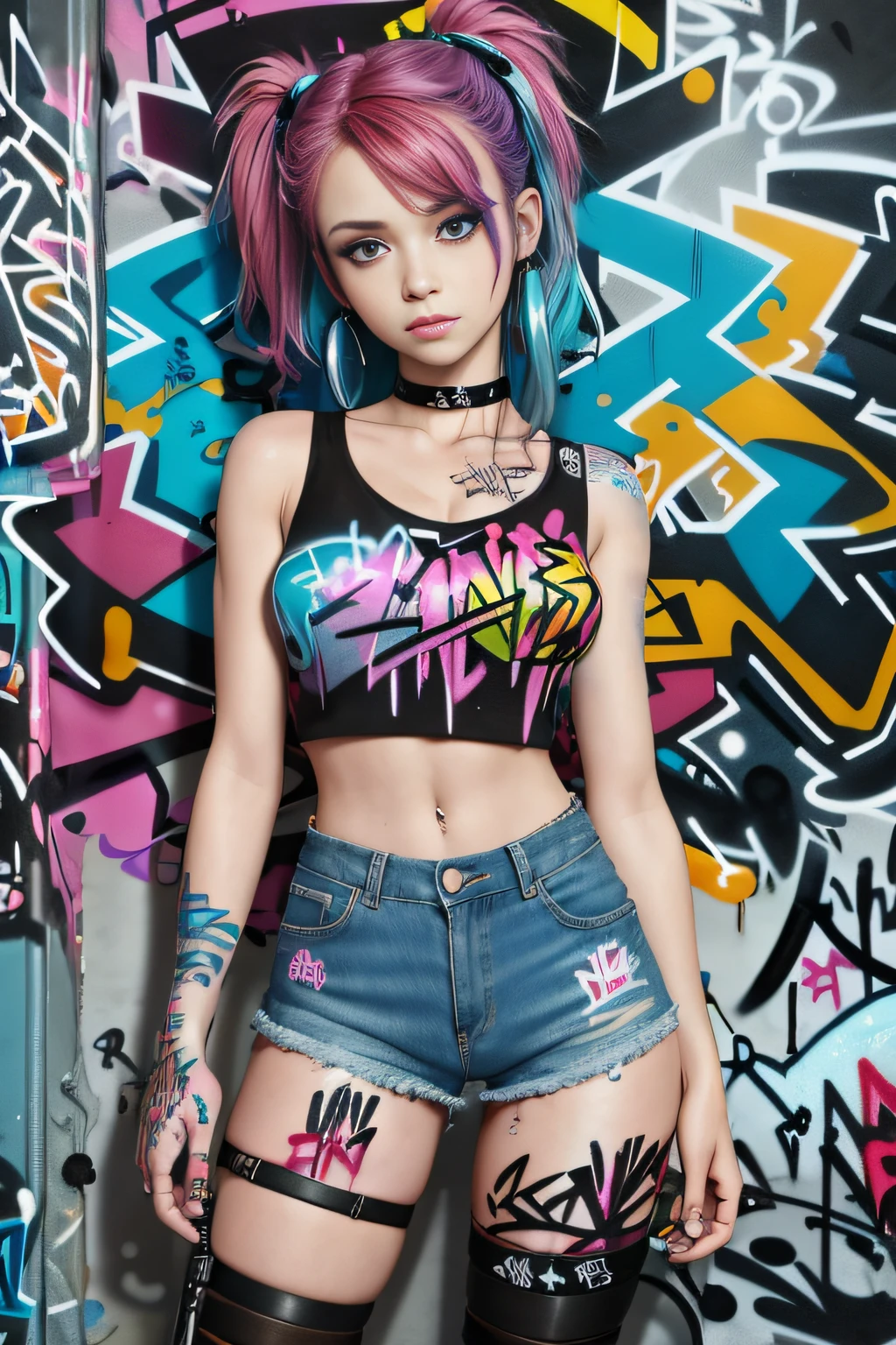 masterpiece, best quality, 1girl, solo, crop top, denim shorts, choker, (graffiti:1.5), paint splatter, arms behind back, against wall, looking at viewer, armband, thigh strap, paint on body, head tilt, bored, multicolored hair, aqua eyes, headset,