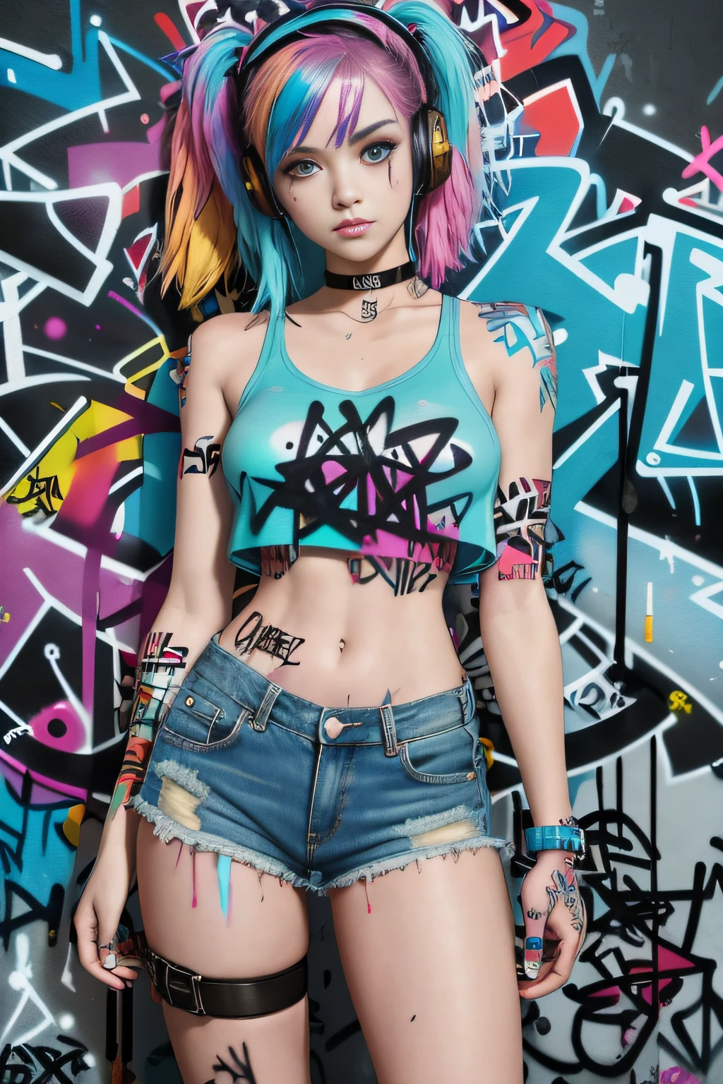 masterpiece, best quality, 1girl, solo, crop top, denim shorts, choker, (graffiti:1.5), paint splatter, arms behind back, against wall, looking at viewer, armband, thigh strap, paint on body, head tilt, bored, multicolored hair, aqua eyes, headset,