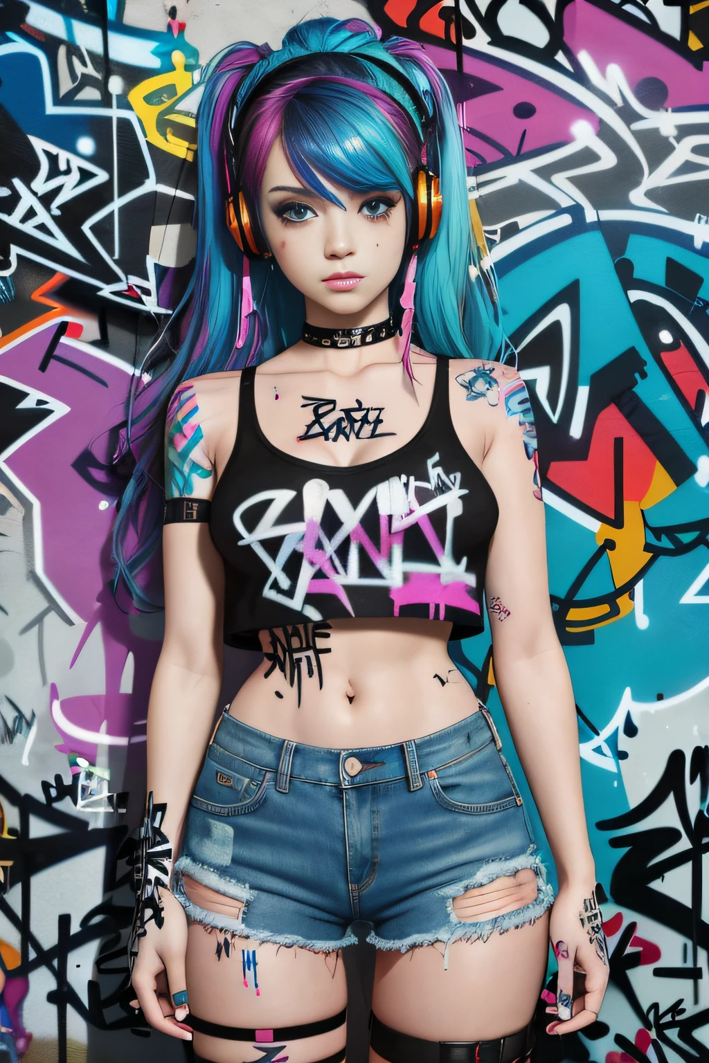 masterpiece, best quality, 1girl, solo, crop top, denim shorts, choker, (graffiti:1.5), paint splatter, arms behind back, against wall, looking at viewer, armband, thigh strap, paint on body, head tilt, bored, multicolored hair, aqua eyes, headset,