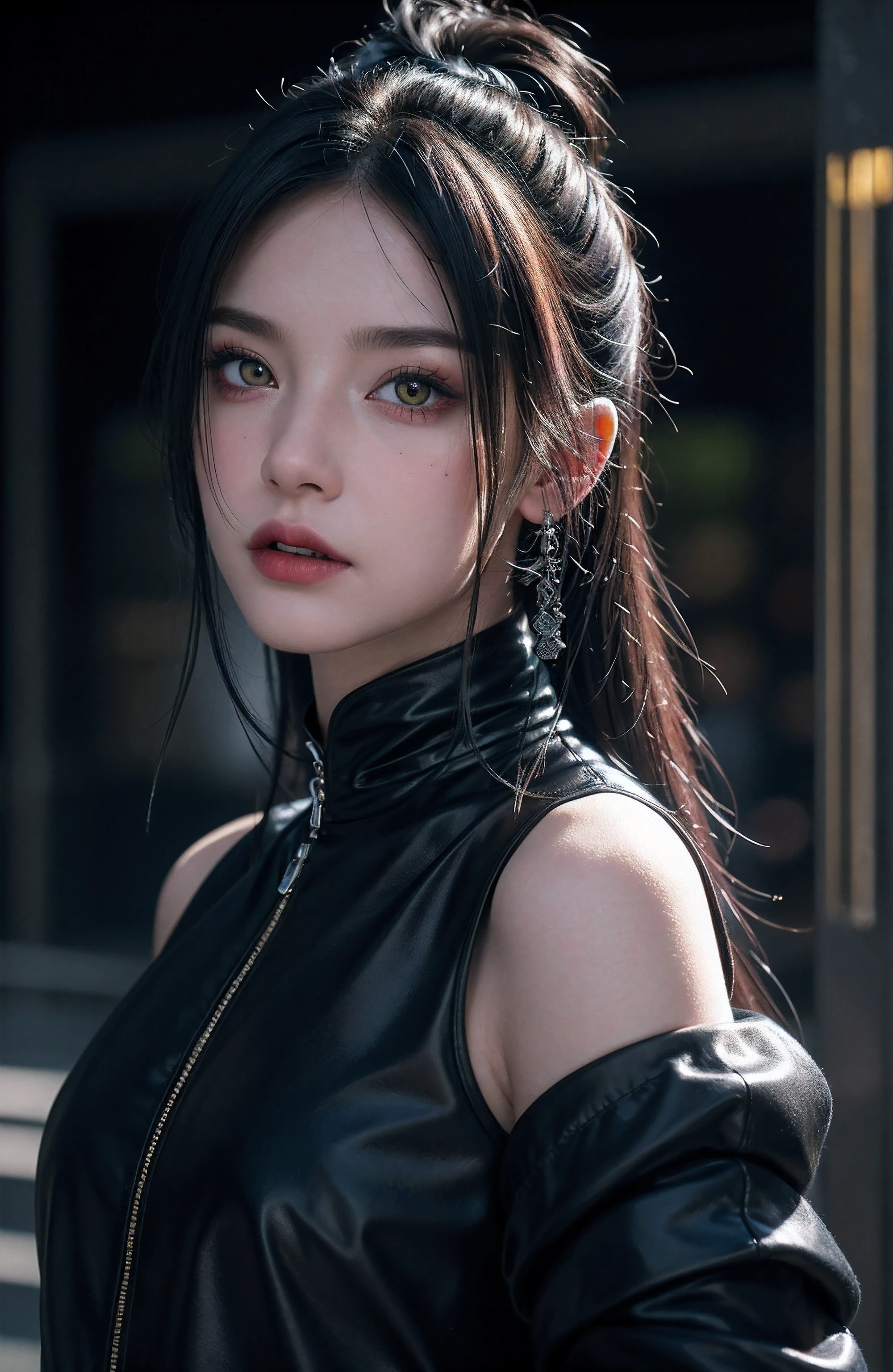 superb rendering, 8k, Masterpiece, Ultra Quality, Beauty: 1.2, Professional Illustration: 1.1, Ultra Detail: 1.3, Ultra Lighting, Highly Detailed, (dark light details) 1girl, 
 Goth_punk
heterochromia with Red Eyes and Yellow Eyes