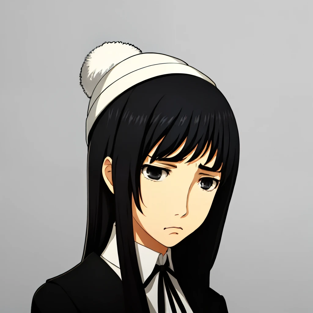 portrait, solo, 1girl, (white background, simple background), black hair, grey eyes, black school uniform, depressed, frown, white beanie