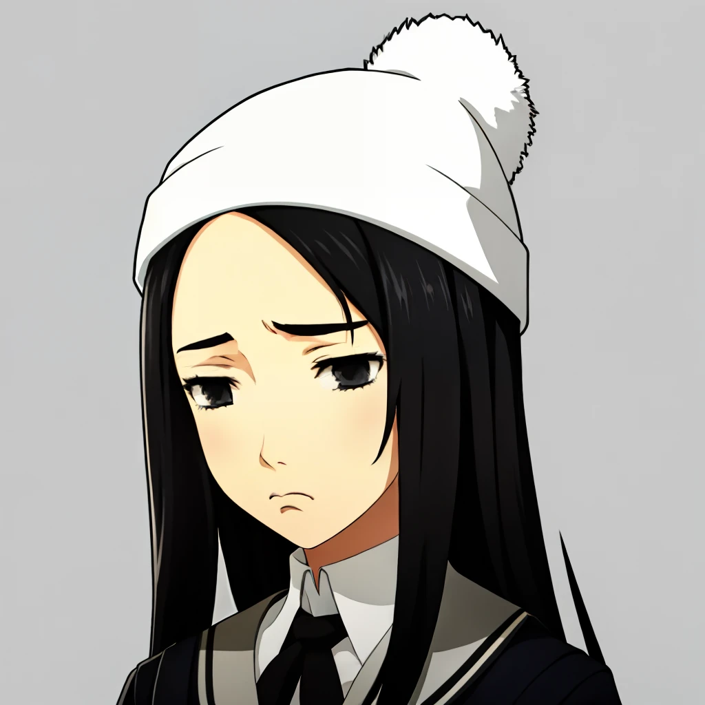 portrait, solo, 1girl, (white background, simple background), black hair, grey eyes, black school uniform, depressed, frown, white beanie