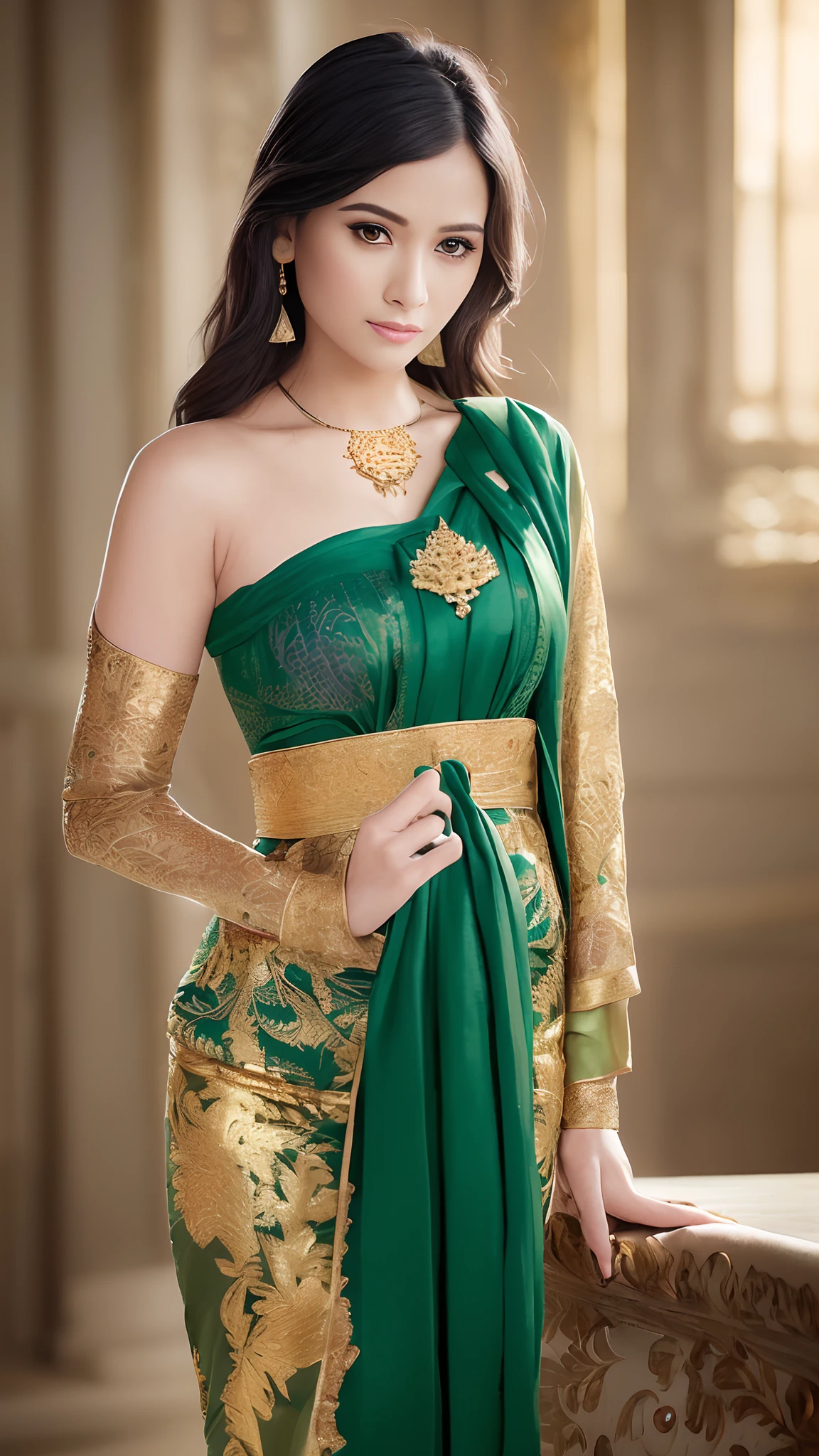 Photorealistic Production, (One Person), (Realistic Image of a 25 Years Old Female Model), (Shoulder-level Wavy Black Hair:1.6), (Pale Skin:1.4), (Wearing a Green Ornated Kebaya Dress with Silk Cloth and Golden Jeweleries:1.6), (Serious Face), (Deep Cleavage), (Elegant Pose:1.4), Centered, (Waist-up Shot:1.4), From Front Shot, Insane Details, Intricate Face Detail, Intricate Hand Details, Cinematic Shot and Lighting, Realistic Colors, Masterpiece, Sharp Focus, Ultra Detailed, Taken with DSLR camera, Realistic Photography, Depth of Field, Incredibly Realistic Environment and Scene, Master Composition and Cinematography