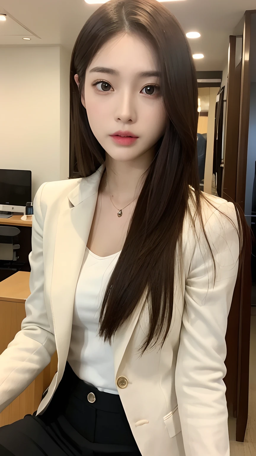 (realisitic、hight resolution:1.3)、1 girl with a perfect figure、Super thin face and eyes、shorth hair、OL、Business suits、Home、inside in room