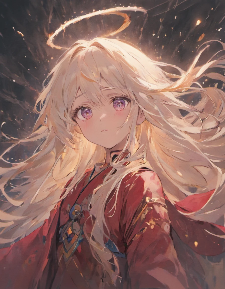 a young girl, white long hair, clothes is similar to a mage, blood is splattered all over her hair and face, her expression conveys both shock and sadness, half body, hd, eyes looking at camera, dark and gloomy background