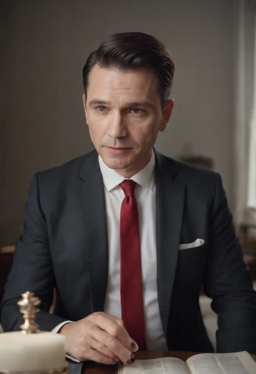 50 year old man, black hair, white skin, a little fat, no beard, white shirt, brown dress pants, black dress shoes, red tie, holding the holy bible, looking at the viewer, ultra realistic, 8k