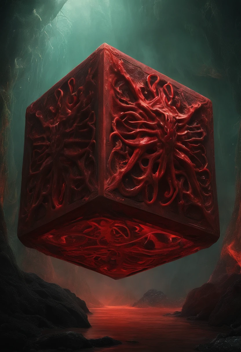 a cube-shaped monster, Cthulhu Mythos，Specialized in surrealism, Futuristic , coral, wizard, abstracted, Dark, Red, hell,