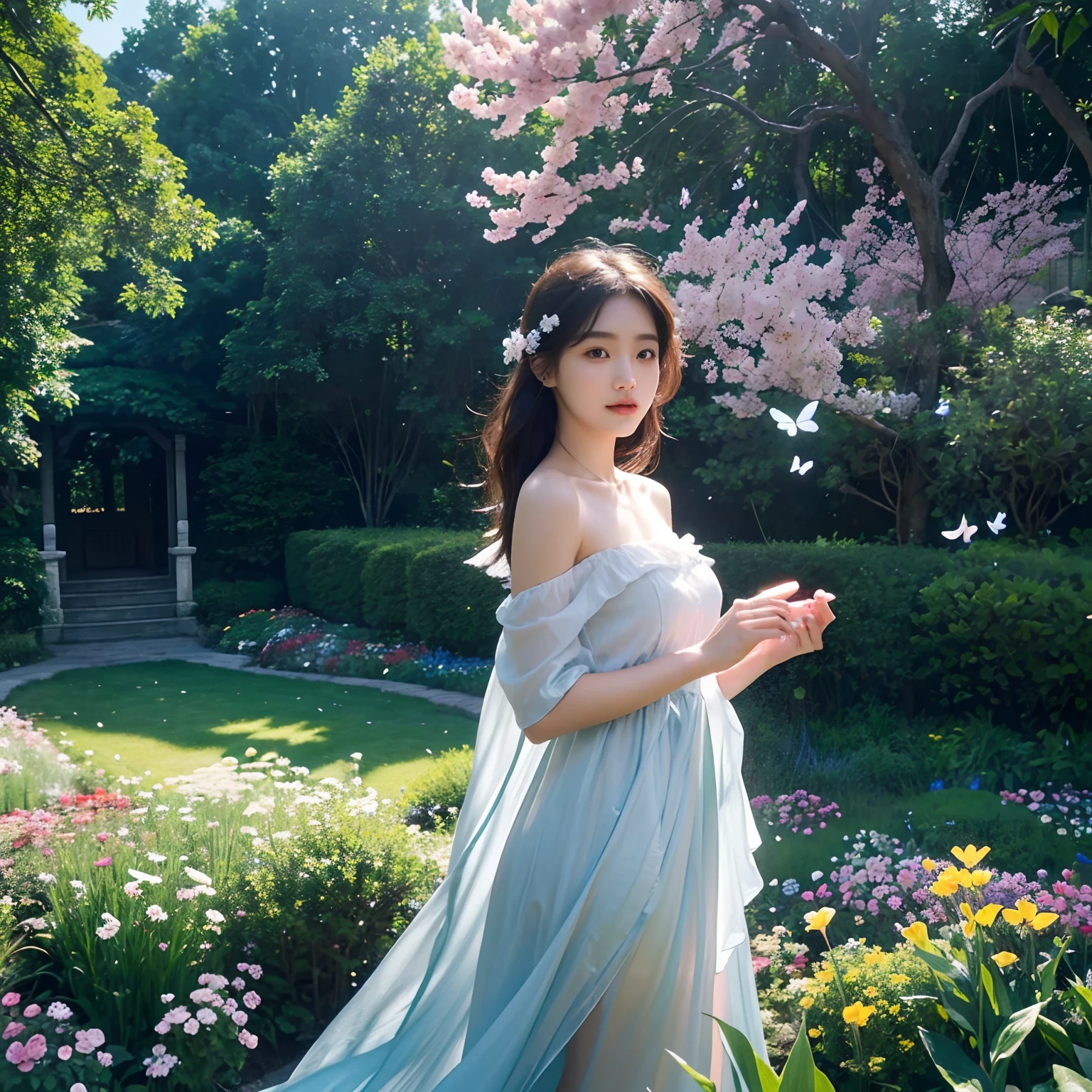 1girl in, 独奏, full bodyesbian, (masterpiece:1.21), (Top image quality:1.2), colourfull, (illustratio:1.2), (Cinematographic lighting:1.1), (Plain shoulders:1.21), (鎖骨:1.21) In a beautiful and dreamy garden、Rainbow dancing in the air(Multicolored fireflies)Illuminated by。pastels(drizzle rain)Decorate the garden、It creates a hazy and ethereal atmosphere。In the center of the photo is、Have a beautiful face and an innocent expression、A very beautiful girl is standing alone。Her long hair fluttered in the wind。She wore a low-cut strapless dress that emphasized her curves。Blue - beautiful butterfly wings on the back 、Lighting is very delicate and beautiful、Creates a soft warm glow、Make the water stand out、Shines like a diamond。Even the finest grass is illuminated、Lush carpets are made。The garden is、Surrounded by colorful flower fields、Blooms profusely with flowers of various colors and shapes。Various colors and sizes(Colored butterflies)can be seen flying around the scene.、Adds to the overall sense of wonder and magic。(Everyone、judges)、blush on the bridge of the nose、mouth slightly open、The overall sense of innocence and youth is increasing。I see falling petals waving around her.、Increasing the overall sense of romance and beauty。The breeze is blowing.、Leaves rustle、The flowers are shaking、Increasing overall dynamism and vitality。It is a scene of pure wonder and magic.、Full of color and beauty、Viewers can immerse themselves in this enchanting and enchanting world。