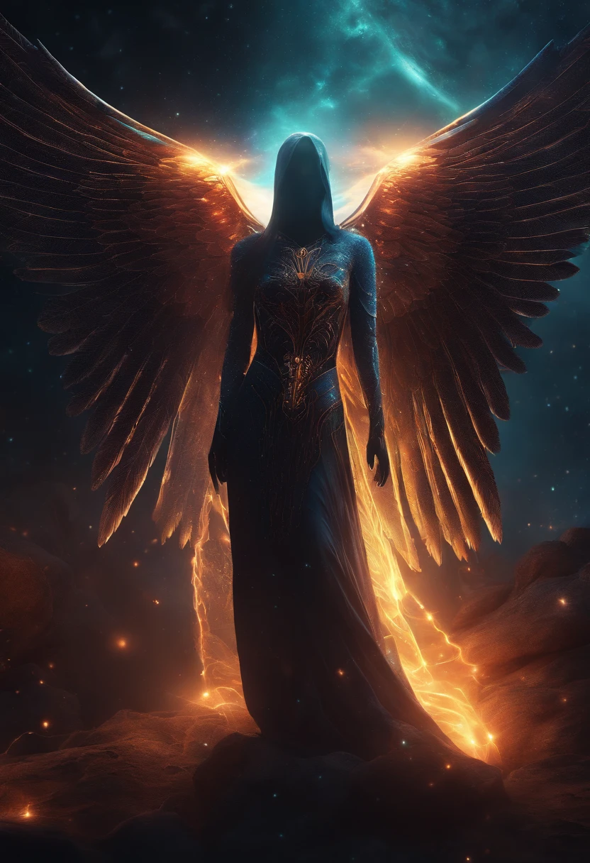 Cosmic Fallen Angel, glowing light eyes, Biomechanical, eerie, Creepy, nightmarish, Very bright colors, Light particles, with light glowing, Mshiff, wallpaper art, UHD wallpaper