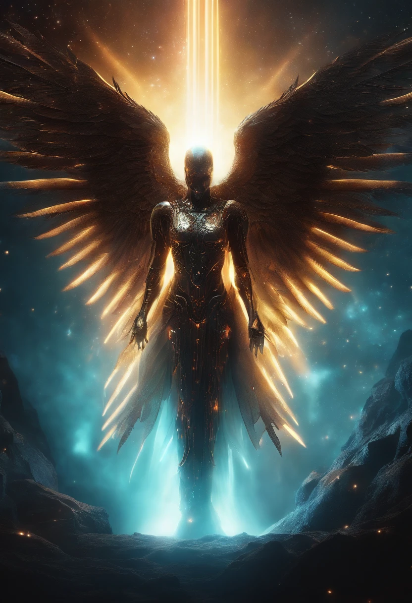 cosmic fallen angel, olhos claros brilhantes, Biomechanicals, estranho, assustador, Pesadelo, cores muito brilhantes, light particles, com luz brilhante, Mshiff, Arte do papel de parede, Papel de parede UHD Cosmic Fallen Angel, glowing light eyes, Biomechanical, eerie, Creepy, nightmarish, Very bright colors, Light particles, with light glowing, Mshiff, wallpaper art, UHD wallpaper