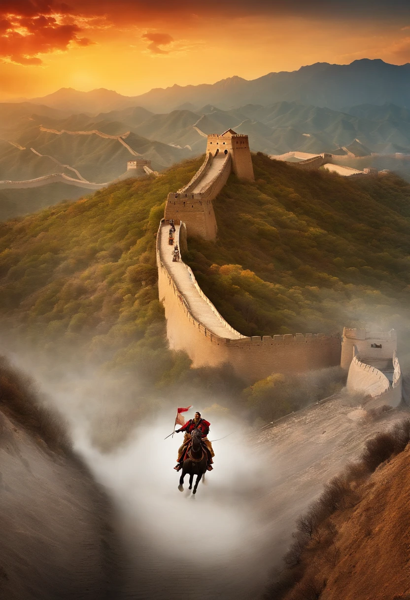 Create an image capturing Genghis Khan's encounter with the Great Wall of China, as his forces breach its defenses and descend upon the unsuspecting southern regions.