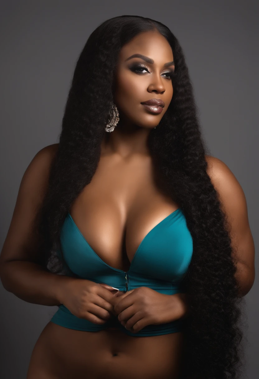 A really beautiful black woman with huge breasts, Entire,long cheveux, taille moyenne, dressed in a bra
