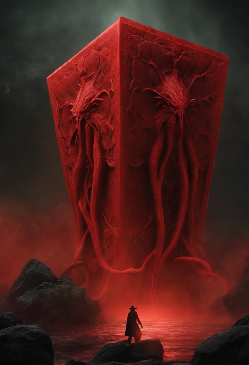 a cube-shaped monster, cube))) Cthulhu Mythos,Specialized in surrealism, Futuristic , coral, wizard, abstracted, Dark, Red,