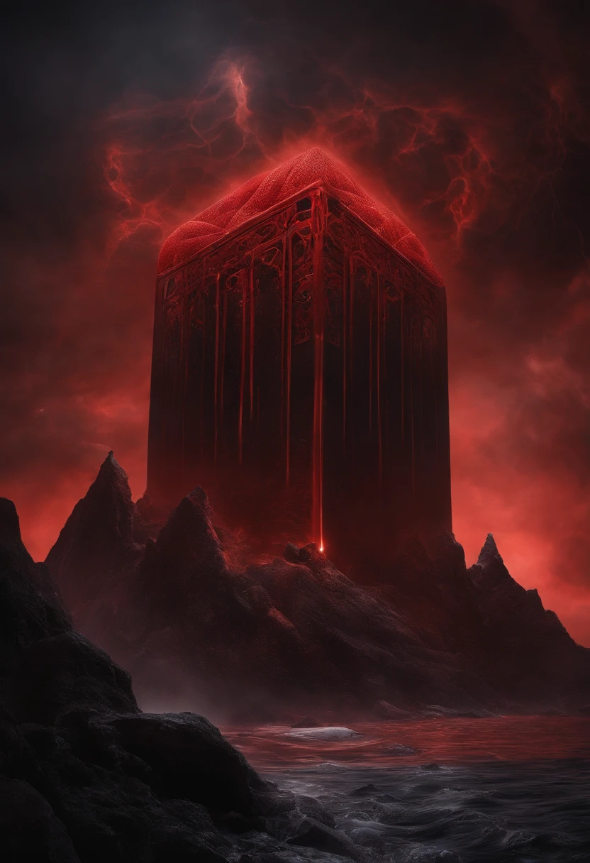 a cube-shaped monster, cube))) Cthulhu Mythos，Specialized in surrealism, Futuristic , coral, wizard, abstracted, Dark, Red,
