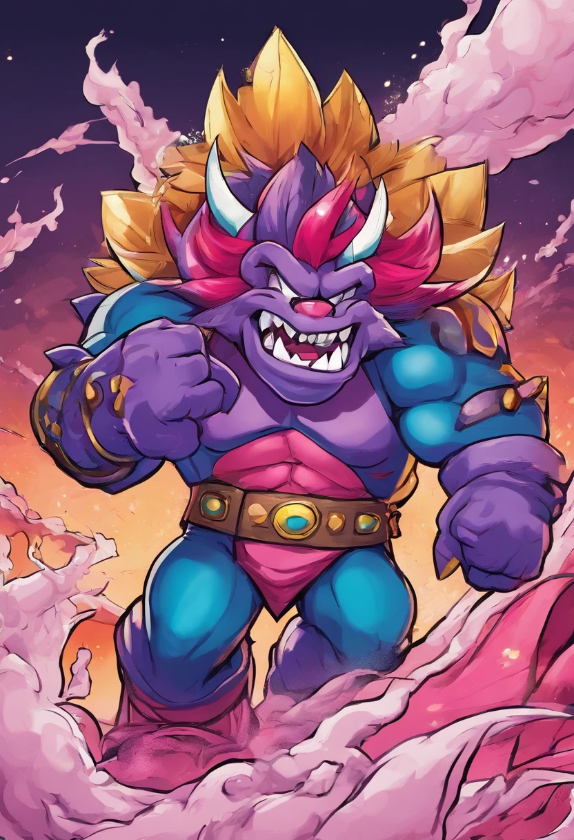 Toothpaste Bowser, dark purple scales and pink underscales, sky-blue toothpaste costume, black shell with dark purple spikes , masterpiece, best quality