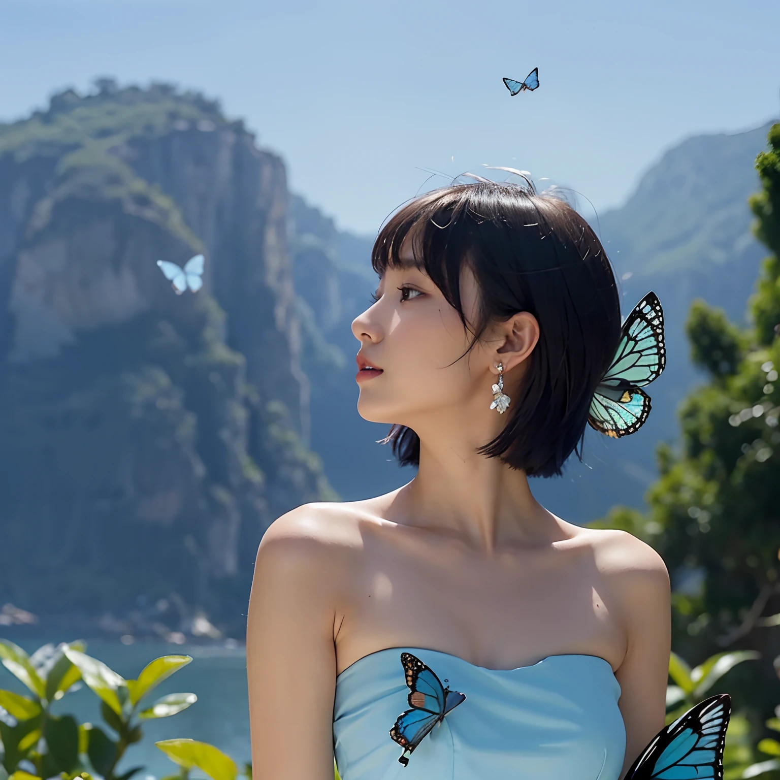 1girl in, Bangs, Bare_missiles, Bare_shoulders, Blue_butterfly, Blue_Dress, bug, butterfly, butterfly_SUI_Hand, butterfly_Wings, 鎖骨, Dress, earrings, greys_Background, Jewelry, up looking_Away, Multicolored_hair, profile, Short_hair, Solo, Strapless, Strapless_Dress, Wings, yellow_butterfly