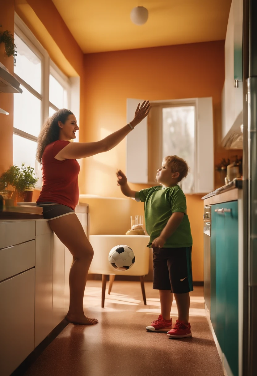 A tall comparison between a Bulgarian woman very tall plus-size very pretty strong hands shoulders thighs wearing Tennis champion bent raising hand to give a bottle inside the room beside a small guy wearing soccer inside the kitchen , high quality captured from real people Sony camera HD
