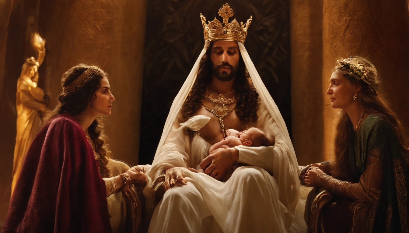 Image of King Solomon with two women and a  on his lap