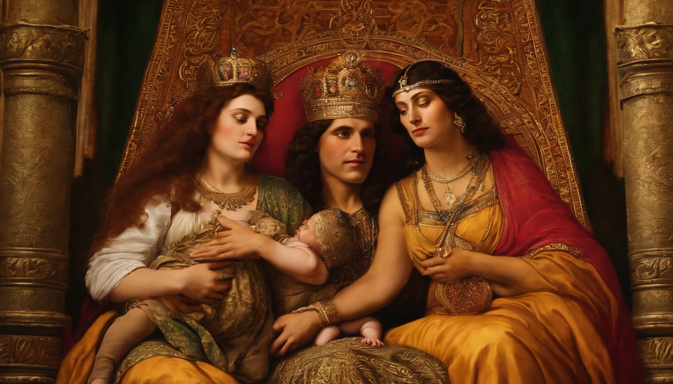 Image of King Solomon with two women and a baby on his lap