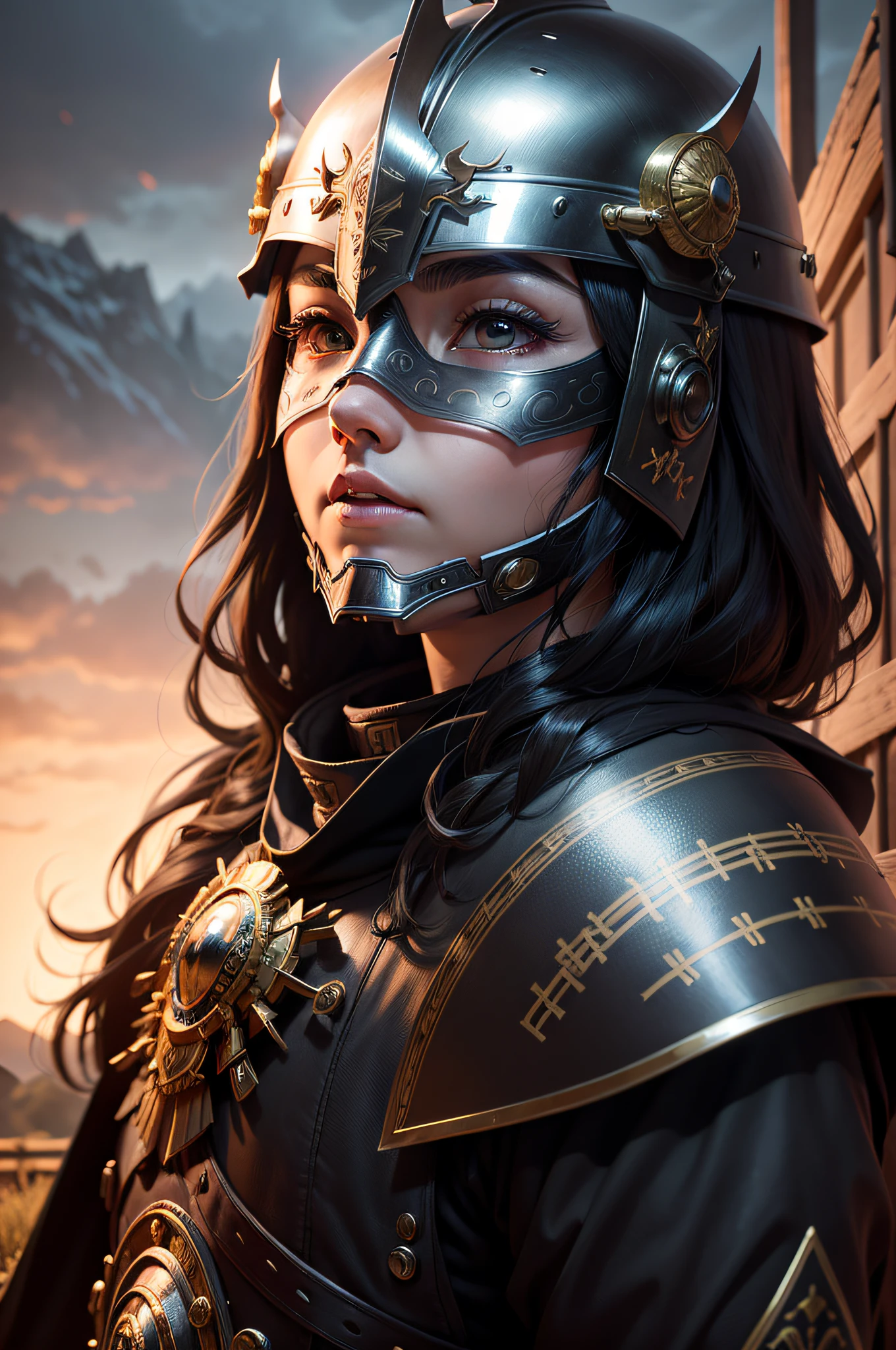 ((realistic)), cinematic shot, movie theater, photo referenced, highest quality, high quality, (detailed face and eyes:1.1), a huge knight wearing a ancient japanese black armor, ((intricate helmet)), face mask armor, ((big eyes)), black sclera, in the countryside, black eyes, subsurface scattering, intricate (high detail), ((cute)), (detailed skin:1.1), shiny skin, photorealism, volumetric lighting, magic circles, a castle in the background,