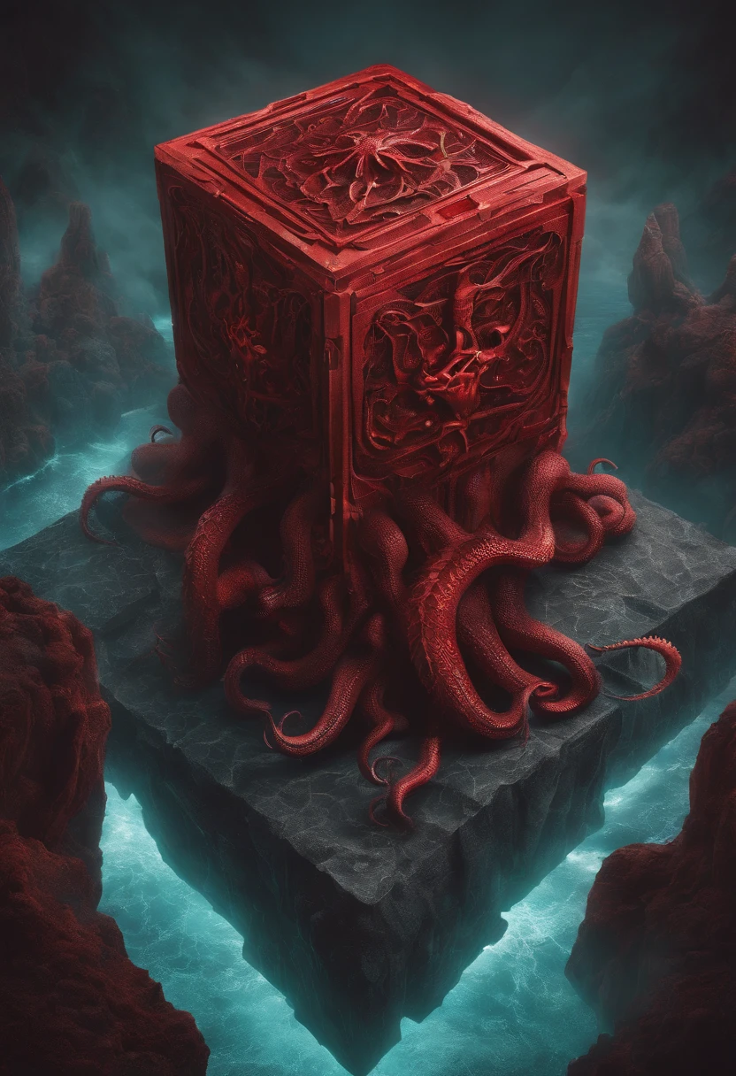 a cube-shaped monster, isometric, Cthulhu Mythos,Specialized in surrealism, Futuristic , coral, wizard, abstracted, Dark, Red, hell,
