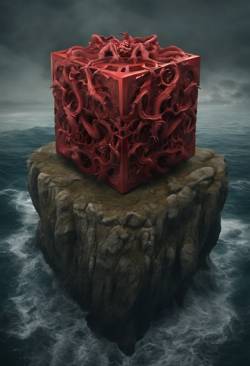 a cube-shaped monster, isometric, Cthulhu Mythos,Specialized in surrealism, Futuristic , coral, wizard, abstracted, Dark, Red, hell,