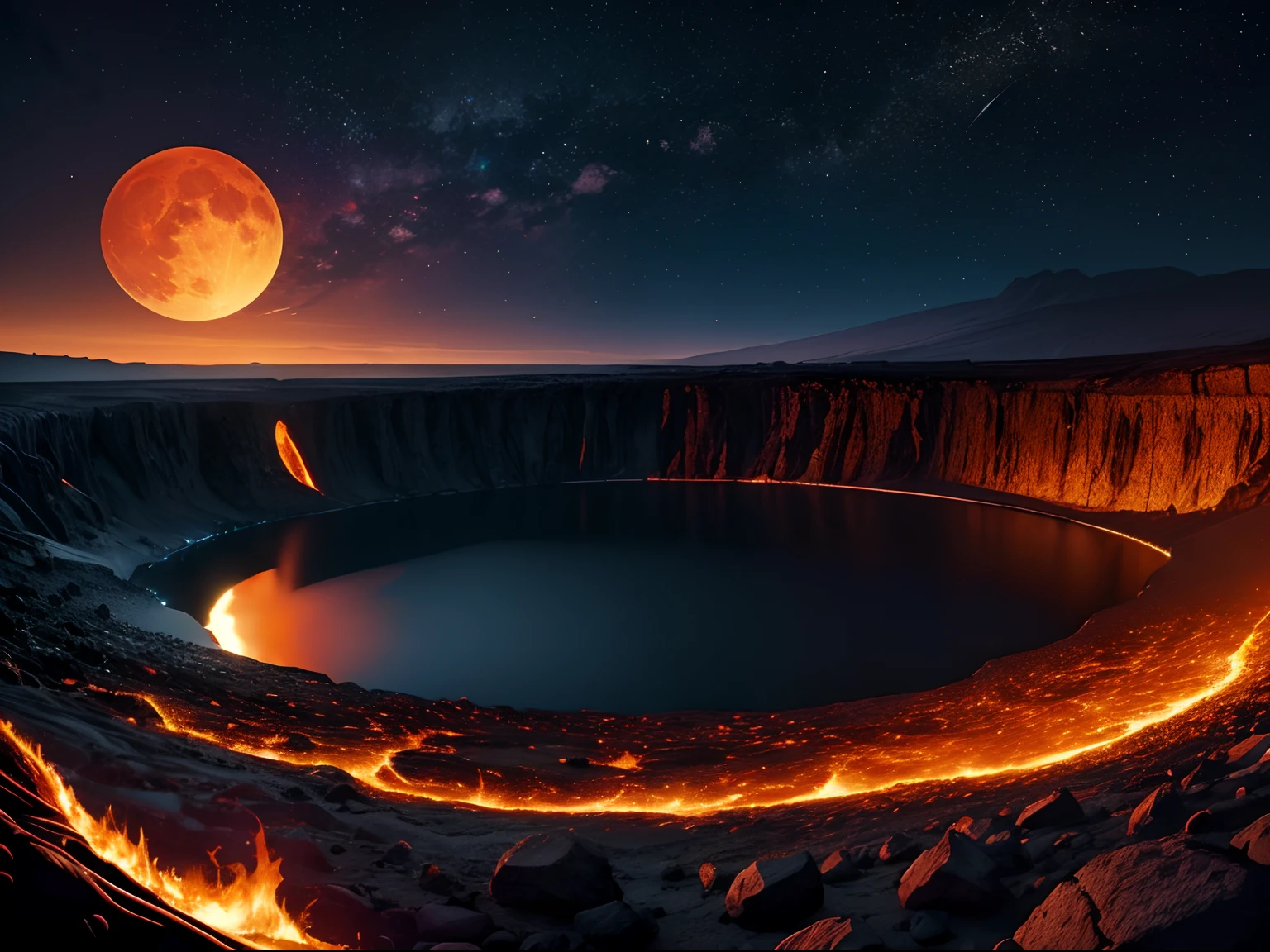 scenery, banner, 2D, Flat field of igneous rocks, Space for text in the center, Lava Lake, the night, full moon, Shining stars, Dark spots on lava, Warm and dark tones, Bright orange spray