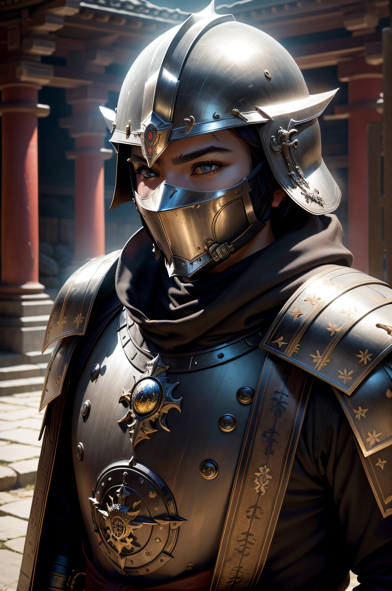 ((realistic)), cinematic shot, movie theater, photo referenced, highest quality, high quality, (detailed face and eyes:1.1), a huge knight wearing a ancient japanese black armor, ((intricate helmet)), face mask armor, ((big eyes)), black sclera, in the countryside, black eyes, subsurface scattering, intricate (high detail), ((cute)), (detailed skin:1.1), shiny skin, photorealism, volumetric lighting, magic circles, a castle in the background,