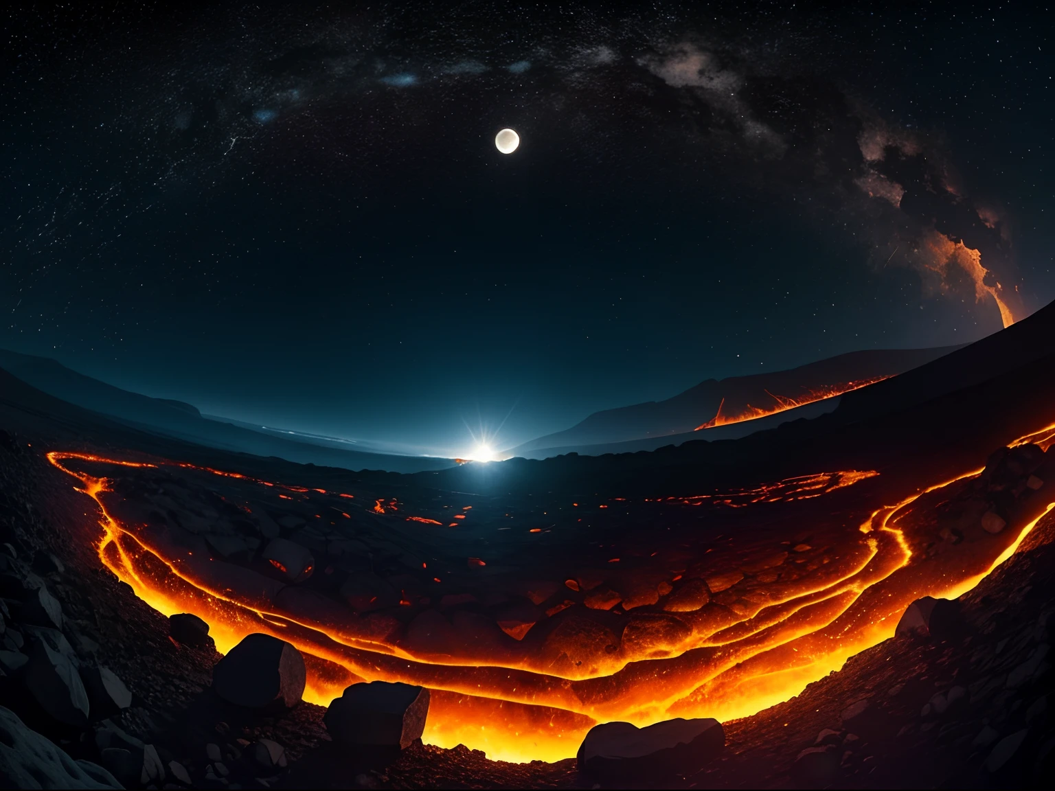 scenery, banner, 2D, Flat field of igneous rocks, Space for text in the center, Lava Lake, the night, full moon, Shining stars, Dark spots on lava, Warm and dark tones, Bright orange spray
