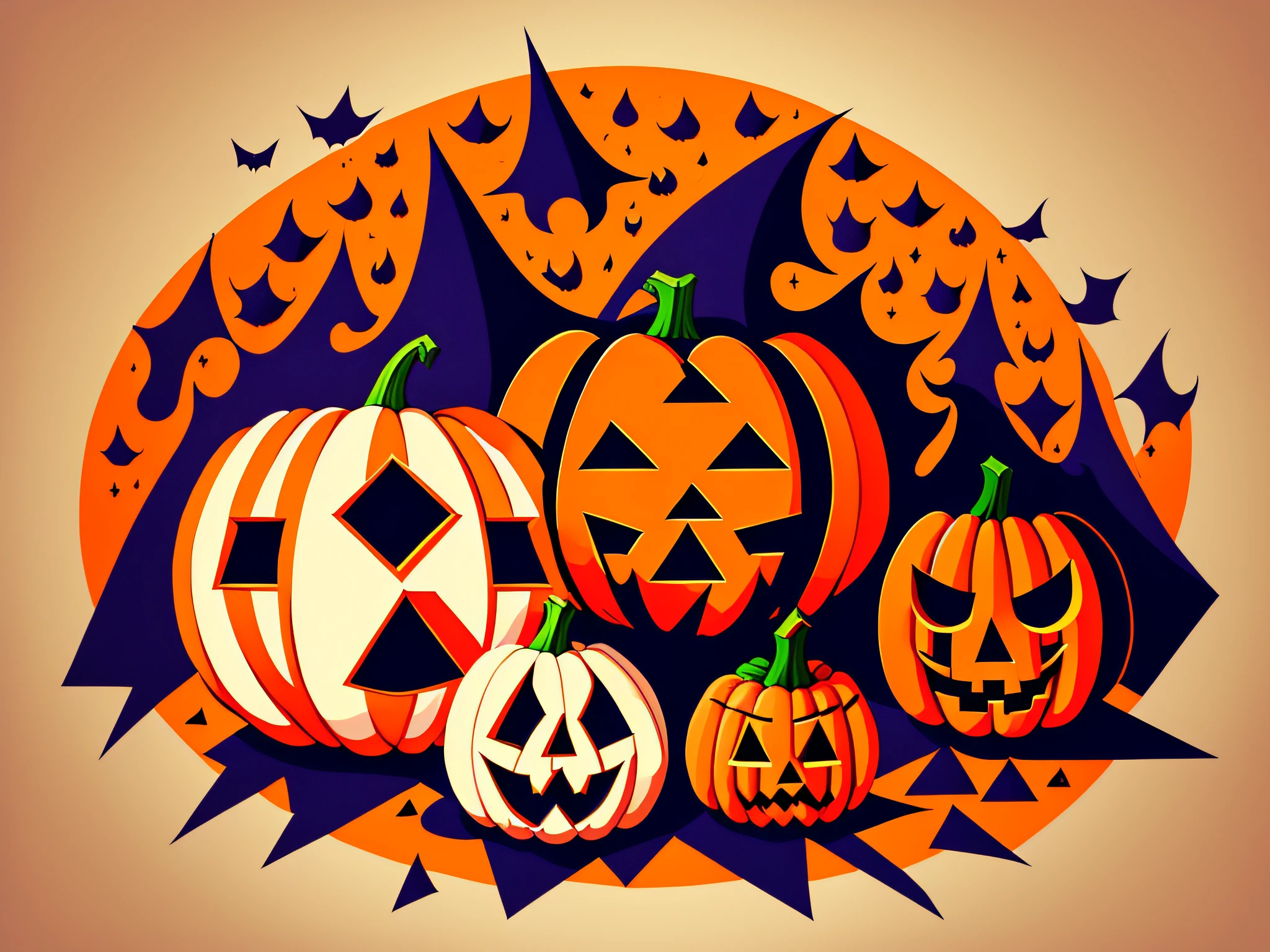 Halloween, pumpkins , Ghosts and Demons,
(Cute),
cubism, Colorful, White background、illustratio
