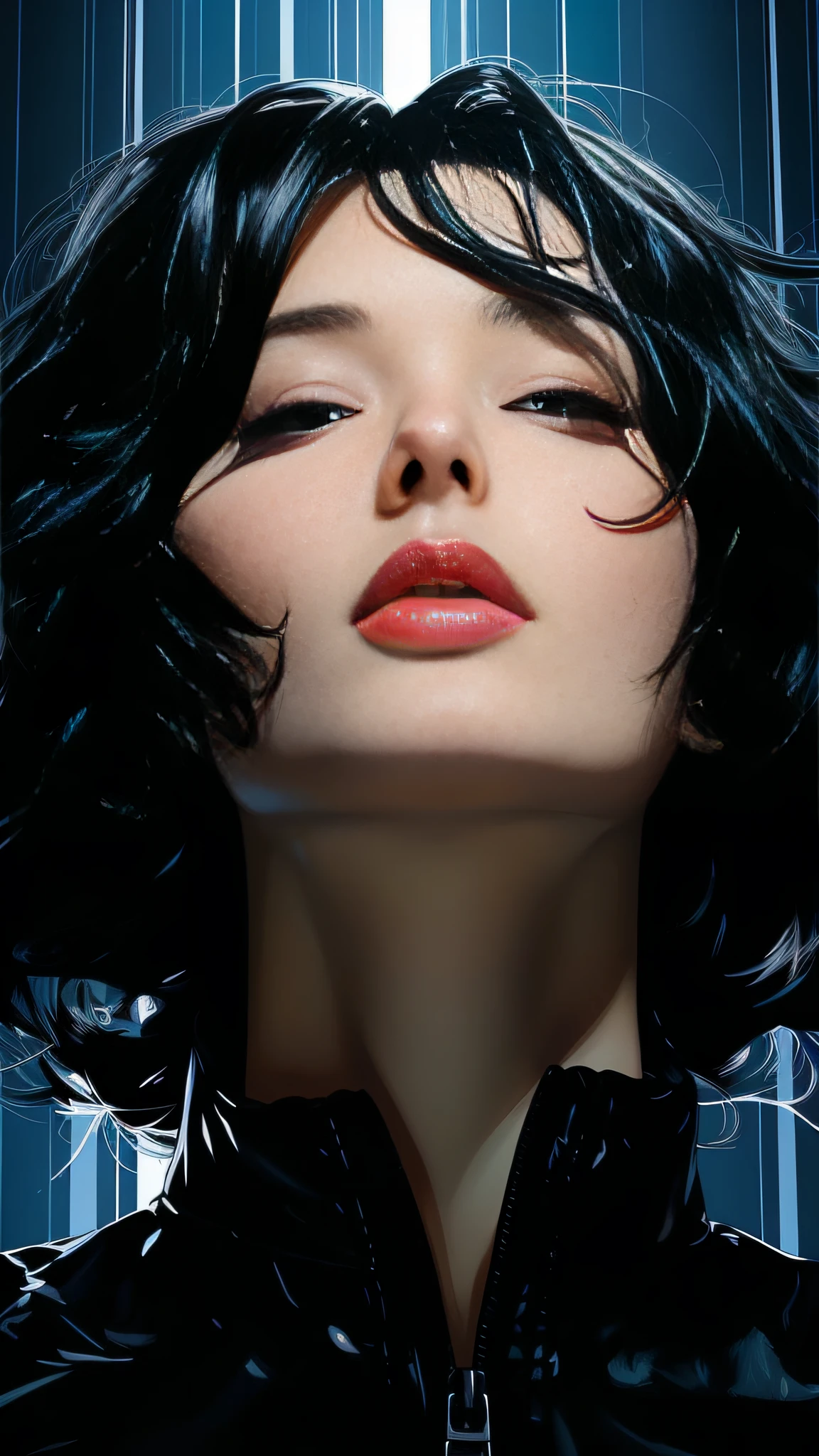 A close up of a woman with a black jacket and red lipstick - SeaArt AI