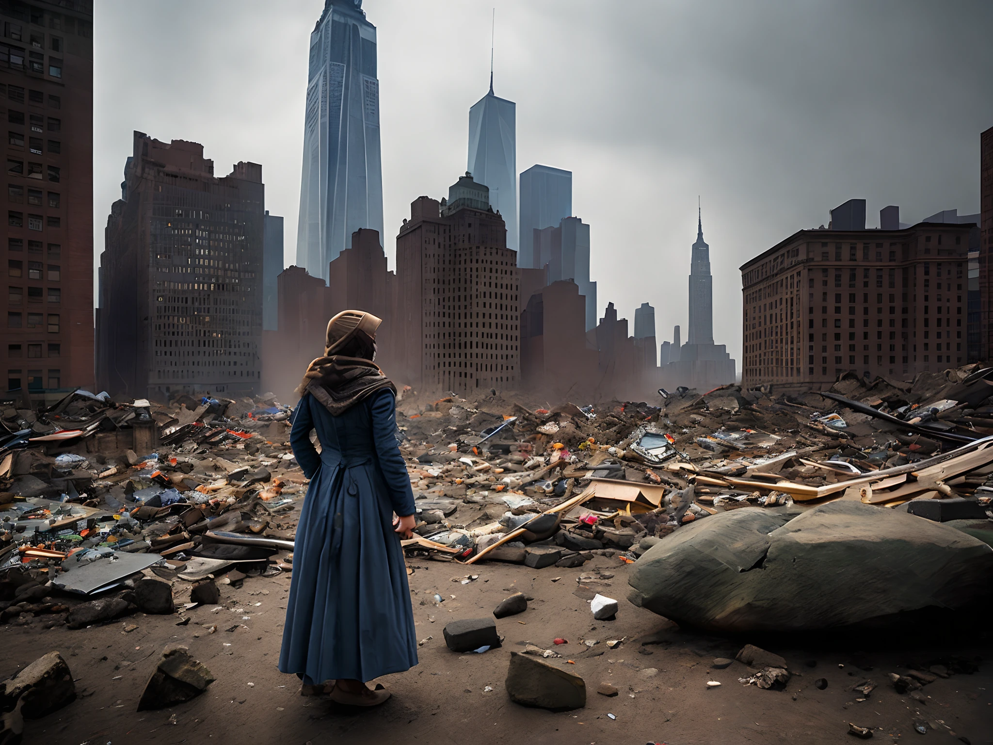 Post-apocalyptic view of New York and Liberty Statue in ruins, nature in building, realistic photography, true story, cinematic lighting, rays ligh, fog, cars demaged, ruins of building, dramatic moment, un girl holding a doll and standing on the ground looking to post-apocalytic city, tank demaged other side, very wide view, dynamic composition, 128k resolution, UHD
