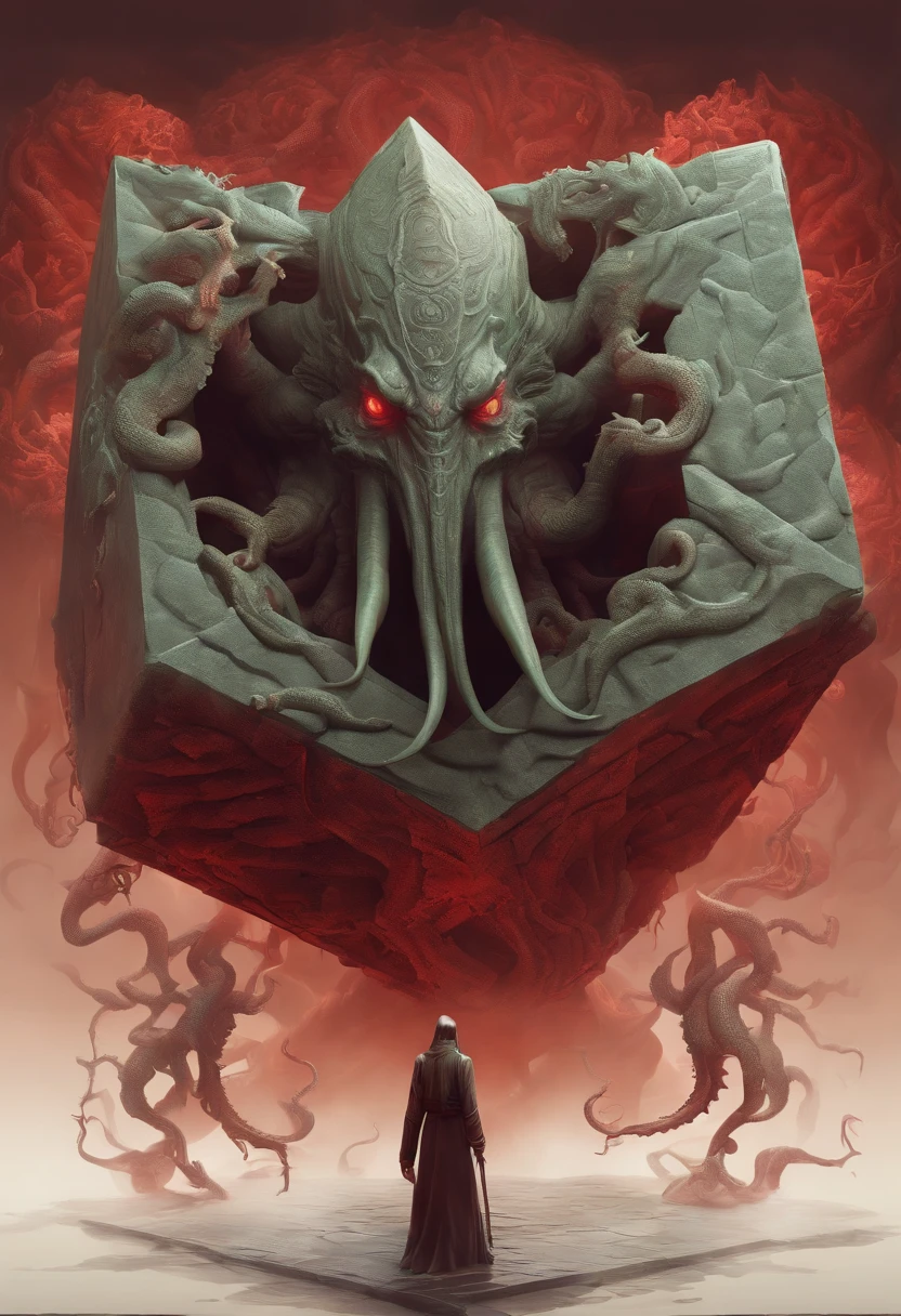 a cube-shaped monster, isometric, Cthulhu Mythos,flesh exture, Specialized in surrealism, Futuristic , coral, wizard, abstracted, Dark, Red, hell,