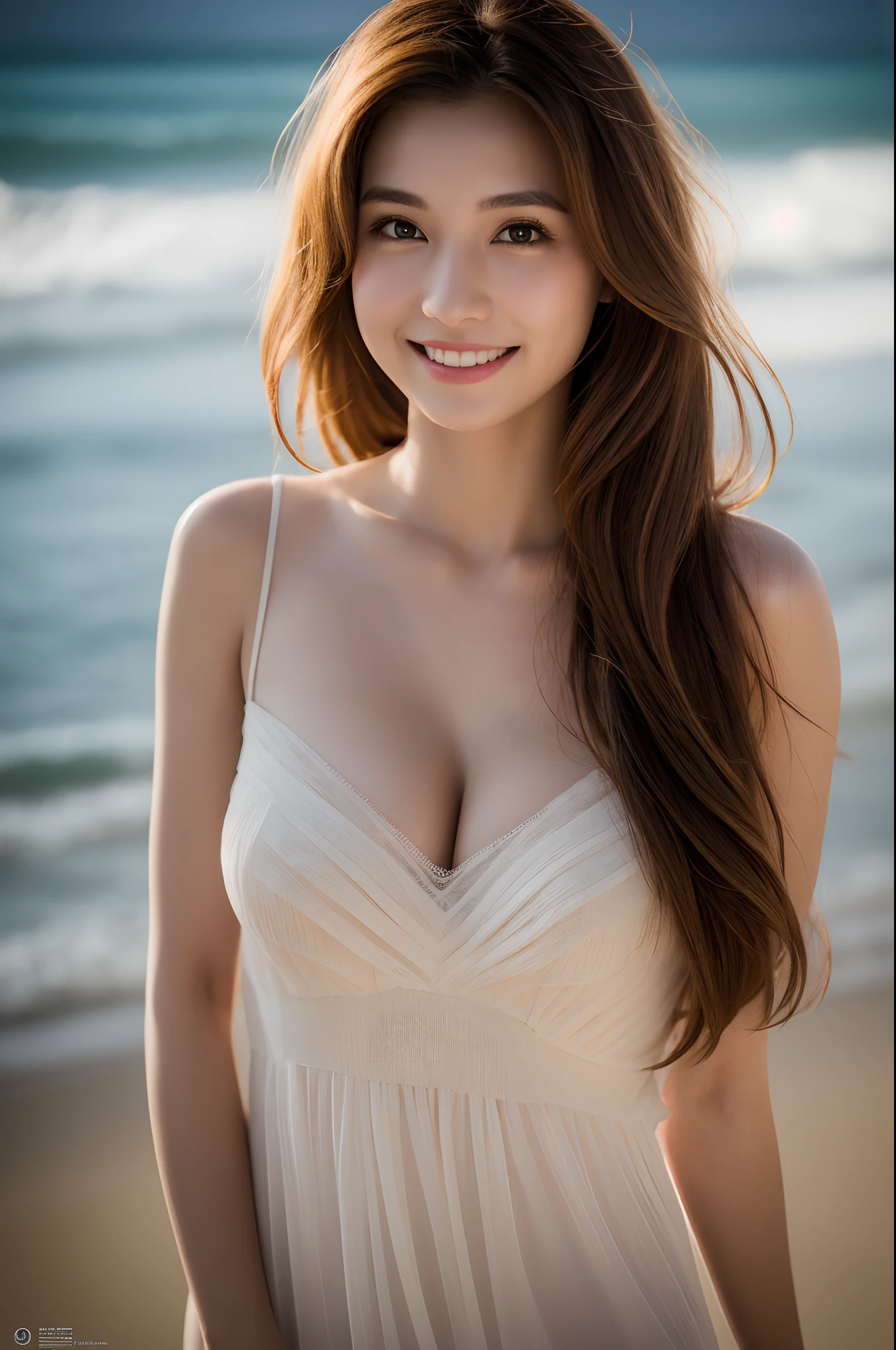 (Highest quality、8K、masterpiece:1.3)、Beautiful woman with perfect figure:1.4、((Dark brown super long hair))、20-year-old、Russians and Japan mixes、Beautiful Face、Athletic build and muscular、Wearing a pendant、((silk white dress))、((Walking on the sand))、Highly detailed face and skin、fine grain、double eyelid、((Big Breasts ))、 Big Ass、((front))、((smile))、Looking this way、Beautiful athlete&#39;s legs、((Daytime beach))、((Beach in the day))、((The beautiful curves of a woman&#39;s body emerge))、