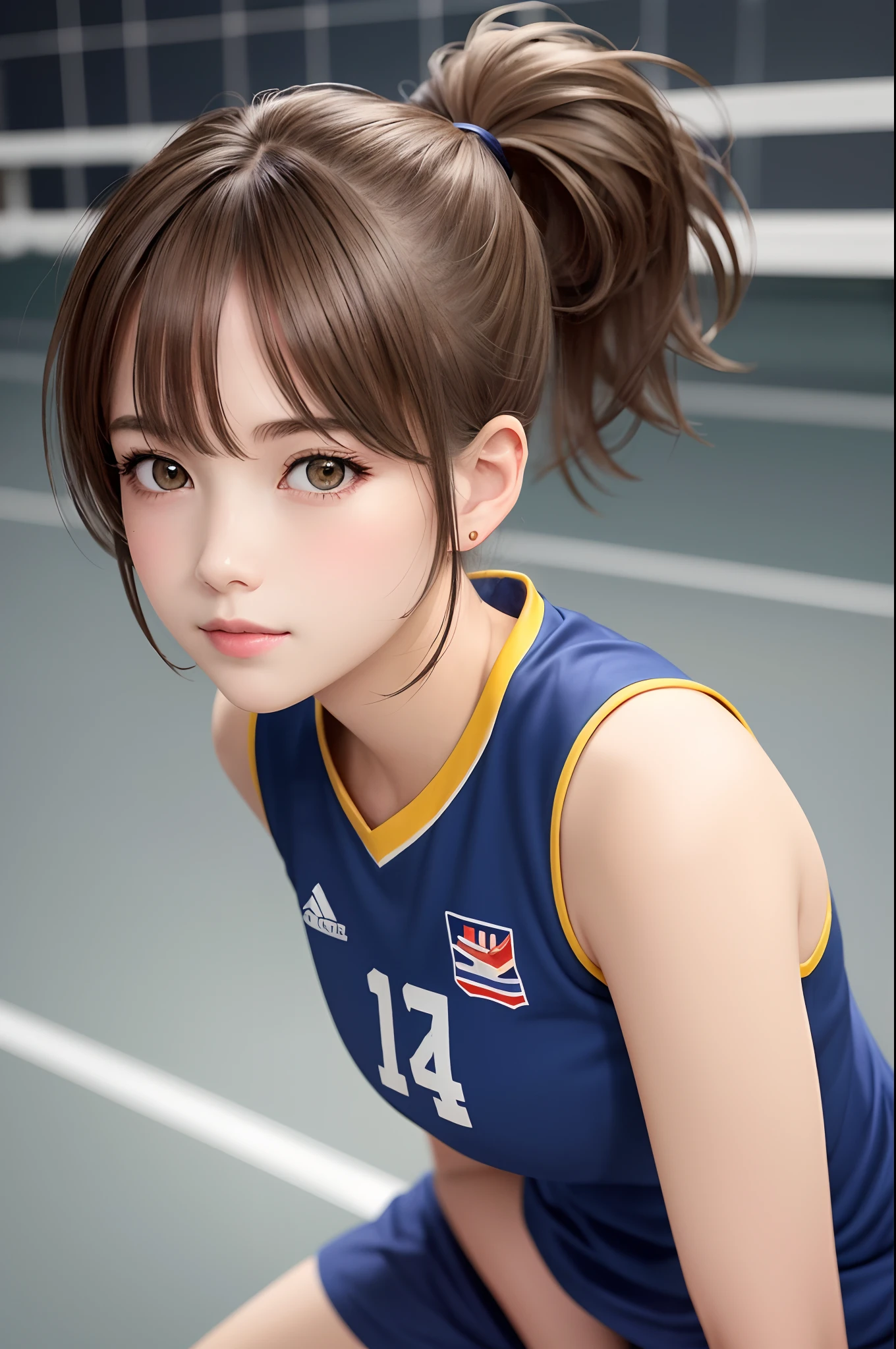 8K,top-quality,Real Image,intricate detailes,超A high resolution,Depth Field,masuter piece,natural soft light,profetional lighting,1 girl in,(cute little:1.2),Very beautiful 17 year old cartoon girl, photorealistic anime girl render, realistic anime 3 d style,A detailed eye,((Brown-eyed)),(Brown hair),(bangss), Blake Super Detail Face, Detailed eyes, (light brown hair, large full breasts: 1.2), (Volleyball uniform,Bloomer),Gymnasium