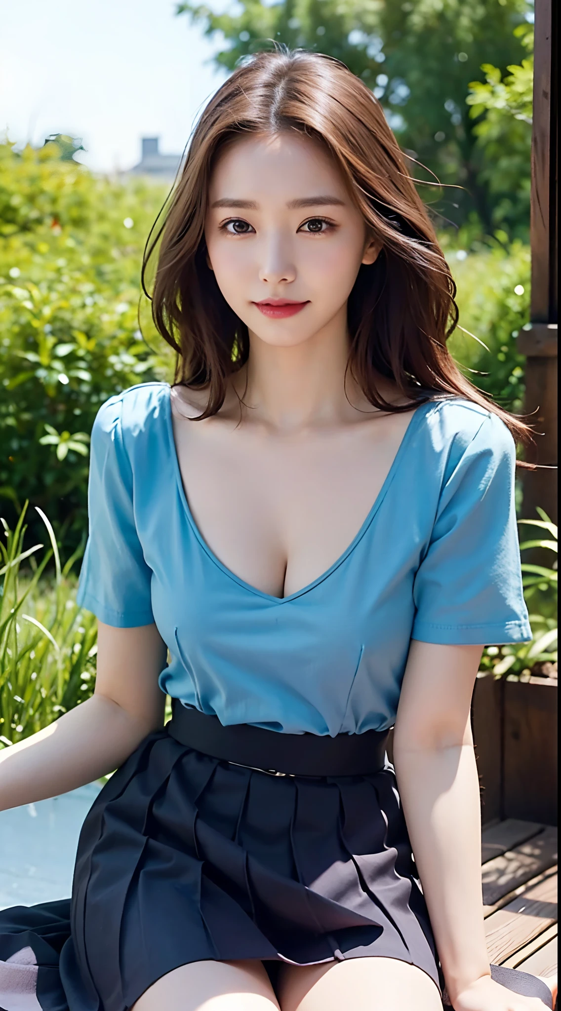 Top image quality、8K picture quality、​masterpiece:1.4、Pretty girl、blue-sky、grass field、Lean forward to show off your chest、cleavage of the breast、above thighs、Angle of incitement from below、the wind、Light brown hair with random hairstyle、T-shirt with loose neck、Thin waist circumference、Super Mini Flared Skirt、shaking boobs、Lifting the hem of the skirt、Natural smile、