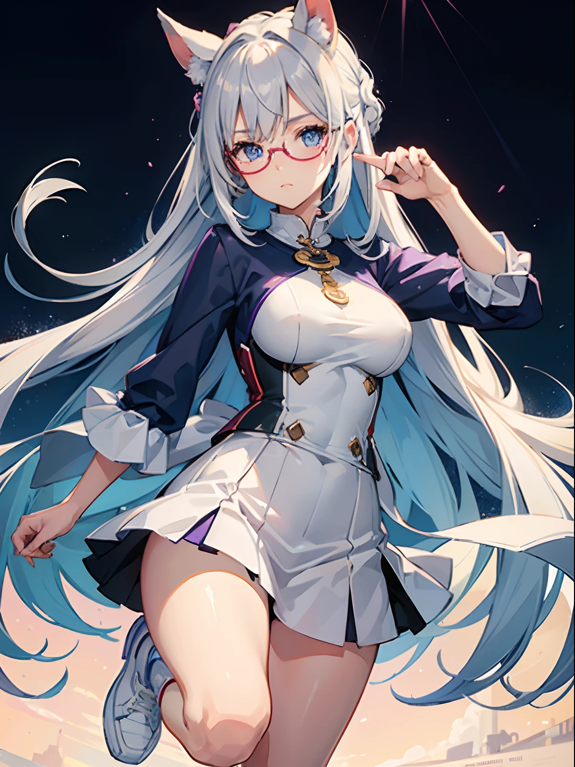 ((Best Quality)), (ultra-detailliert), ((Extremely detailed)), (Beautiful), ((Kawaii Girl)),((masutepiece)),Blue eyes、Hair is white、Longhaire、Quirk hair、Horse ears,Horse tail、tall、Breasts are big、White running clothes on purple background、Lavender colored black running shoes、Red under-rim glasses、animesque、Uma Musume,One girl,pipa early english