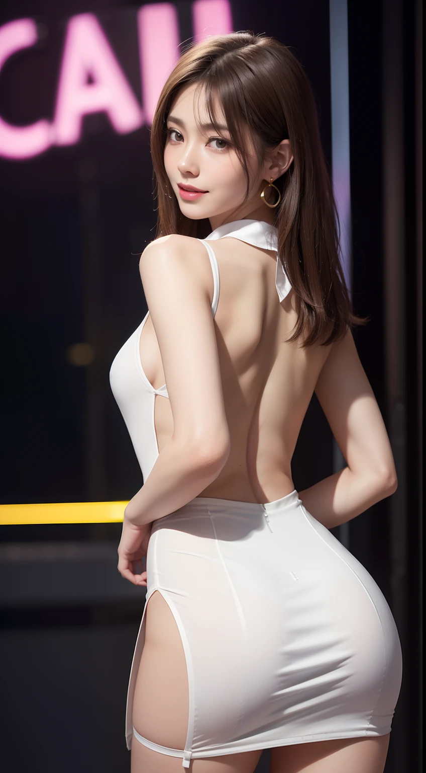 8K, masutepiece, Raw photo, Best Quality, Photorealistic, Highly detailed CG Unity 8K wallpaper, depth of fields, Cinematic Light, Lens Flare, Ray tracing, (Extremely beautiful face, Beautiful lips, Beautiful eyes), intricate detail face, ((Ultra detailed skin)) 1girl in, In the Dark, deepshadow, Pretty Korean girl, Kpop Idol, 1 girl, (Very slim and slender fit muscular body:1.3), ((Looking at Viewer)),(A slightly angry smile:1.3), (Midnight, a dark night, (Neon sign), (Blurred background), Dim light), (No people in the background:1.3), Beautiful earrings, Bracelets, Necklace, pantyhose, Clear eyes, Walking , Front shot, (pale skin), (Big eyes), Face forward, (Full body shot), (Brown hairs), open navel, (Looking at Viewer:1.3), Very slim, medium breasts, (Camel toe), thick thighs, turn back, (fluttering mini dress), ((White Collar Dresses)), (Tight skirt), ((backtrack, Back shot)), Ultra mini skirt, exposed ass, upper Shot