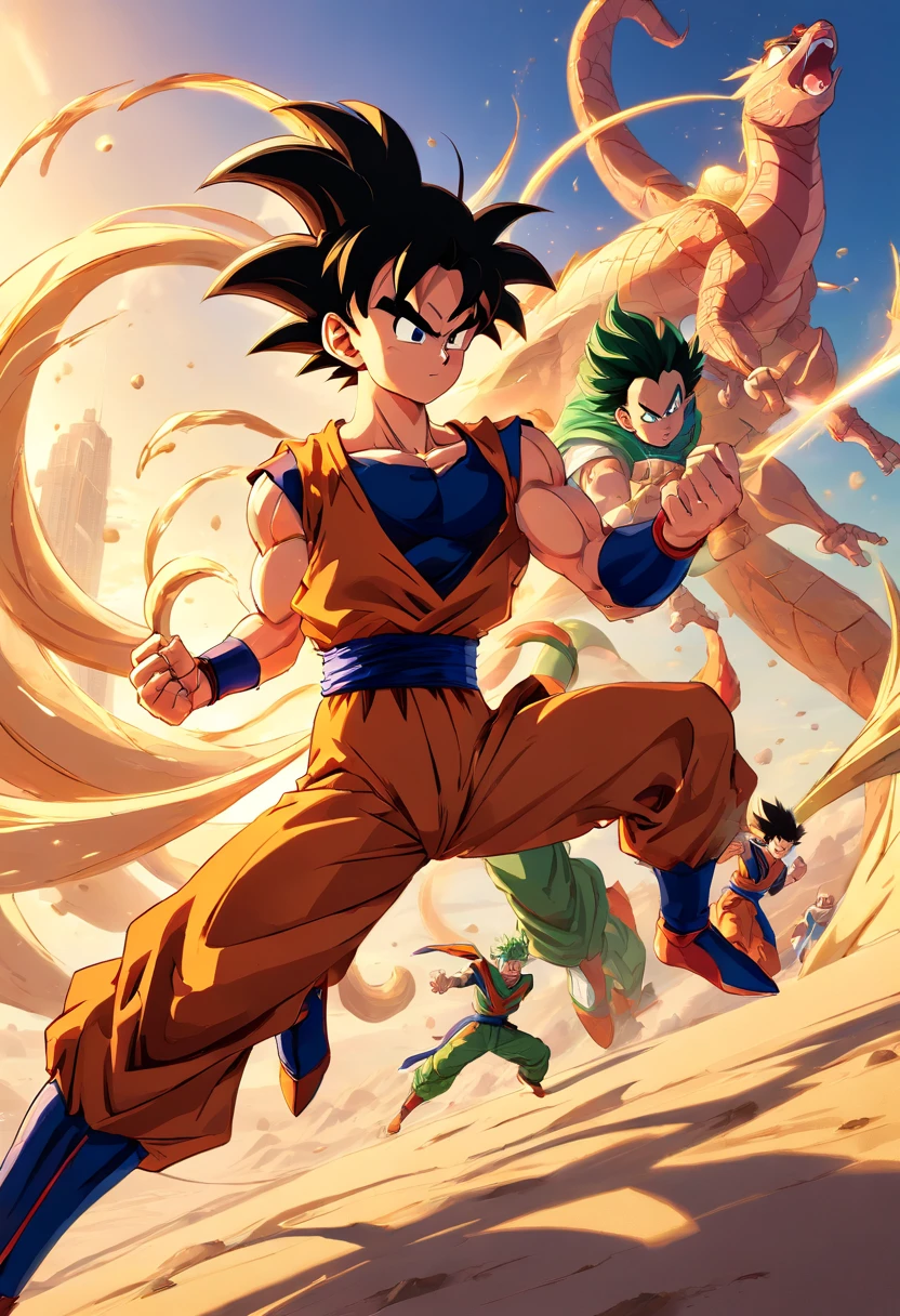 In the Dubai desert, create a breathtaking masterpiece that combines iconic Sangoku characters from Dragon Ball Z and Spiderman. The scene is of utmost importance and should showcase the power and energy of these two beloved characters.. Rendered in a medium that beautifully blends digital illustration and 3D rendering, Artwork should display ultra-detailed visuals and vivid colors, capture the essence of Dragon Ball Z and the Marvel Universe. The main center of the image is Sangoku and Spiderman, with their dynamic poses illustrating their strength and agility. Sangoku's detailed eyes and face should reflect his determination and warrior spirit., while Spiderman's mask should highlight his iconic canvas-patterned eyes. The dress and unique expressions of the characters must be meticulously illustrated, promising an exciting encounter in this extraordinary desert setting. The intricate details of the surrounding environment further enrich the artwork. Dubai's sand dunes and distinctive skyline must be precise and finely rendered. To improve overall image quality, Use the best resolution, tels que 4k ou 8k, and pay close attention to ultra-detailed descriptions. Use realistic and photorealistic rendering techniques to bring characters and the environment to life, ensure that each element is as if it were taken from a professional photograph. The art style should combine the aesthetics of Dragon Ball Z and Spiderman wonderfully., successfully merge their distinctive visual styles into a cohesive composition. This fusion of styles will make the work truly unique and captivating.. En ce qui concerne la palette de couleurs et le ton, create a harmonious balance between the vibrant and energetic colors of Dragon Ball Z, et les teintes rouges et