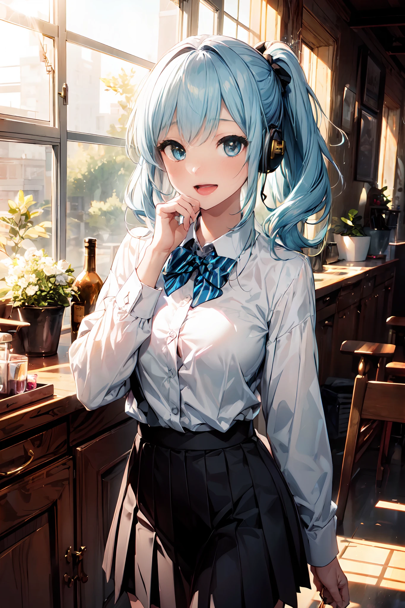 Beauty 1 person, Solo,(Cute:1.5),(Chibi:0.8), (kawaii:1.5),(Lori:0.5), BREAK, (17 years old girl), Very detailed, colourfull, highest details, Clear skin, Beautiful skin, Shy, Very detailed, colourfull, highest details, BREAK, Clear skin, Beautiful skin, Shy skin, 1 beautiful girl,{Heterochromia,pale blue eyes,pale green eyes:1.5}, star eye silhouette, BREAK , (lightblue hair,Semi-long hair,side poneyTail,Princess Cut:1.2),(Large breasts:1. 5), (long eyelashes, Double eyelids:1.2), Solo, gleaming skin, BREAK, ( :D, bowtie, blush,:1.2), Bangs,Cowboy Shot, dial,BREAK, Clear skin, Beautiful skin,BREAK,(Skirt,Pleated skirt, a miniskirt, Black skirt:1.1),(Collared shirt, Long sleeves, dress shirts, White shirt with open mouth, sleeves rolled up:1.2),School uniform,BREAK,(Conversations with other people,Place your left hand over your mouth:1.3), Black bow,Indoors, headphones, Looking at Viewer, Bring your tools, window, BREAK, wakame,wakame,wakame, (masutepiece, Best Quality, Highly detailed, Super Detail Art, High resolution, absurderes, 4K, 8K:1.2),(Official art, incredibly fine illustration, extremely details CG, Detailed background, Professional Lighting,Standing, Perfect hands, Detailed shiny skin, detailed hairs, Detailed eyes),(Highly detailed CG Unity 8k wallpaper), (Best Shadow), POV, Realistic lighting and shading, Natural light, Lens flare effect,absurderes, absolutely resolution, unbelievable Ridiculous, hight resolution, ultra-detailliert, Official art, Unity 8k壁纸, Kinetic Typography Break, ‎