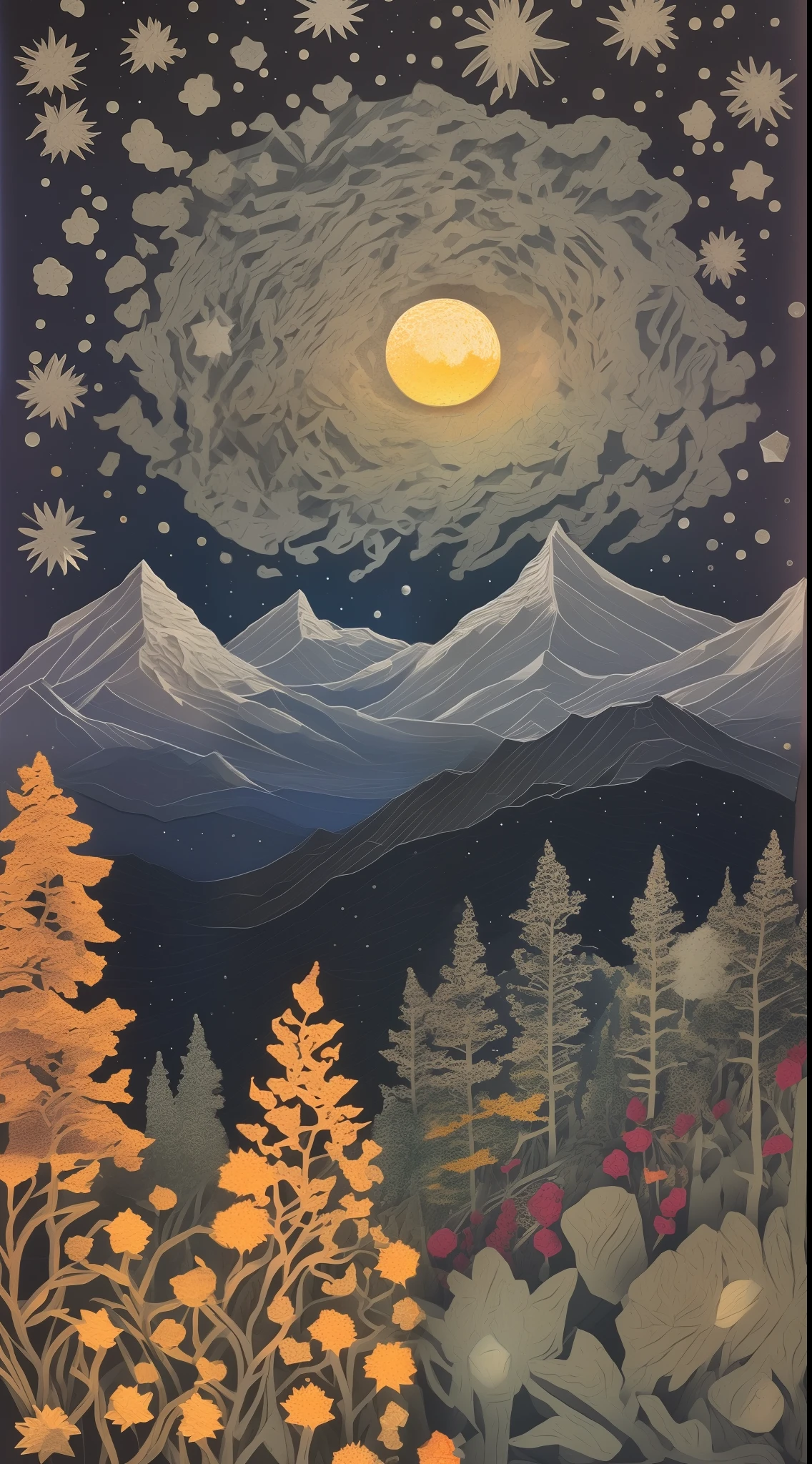 montain, forest, starry night sky ,yello full moon, intricate details,bloom flowers,van goph
