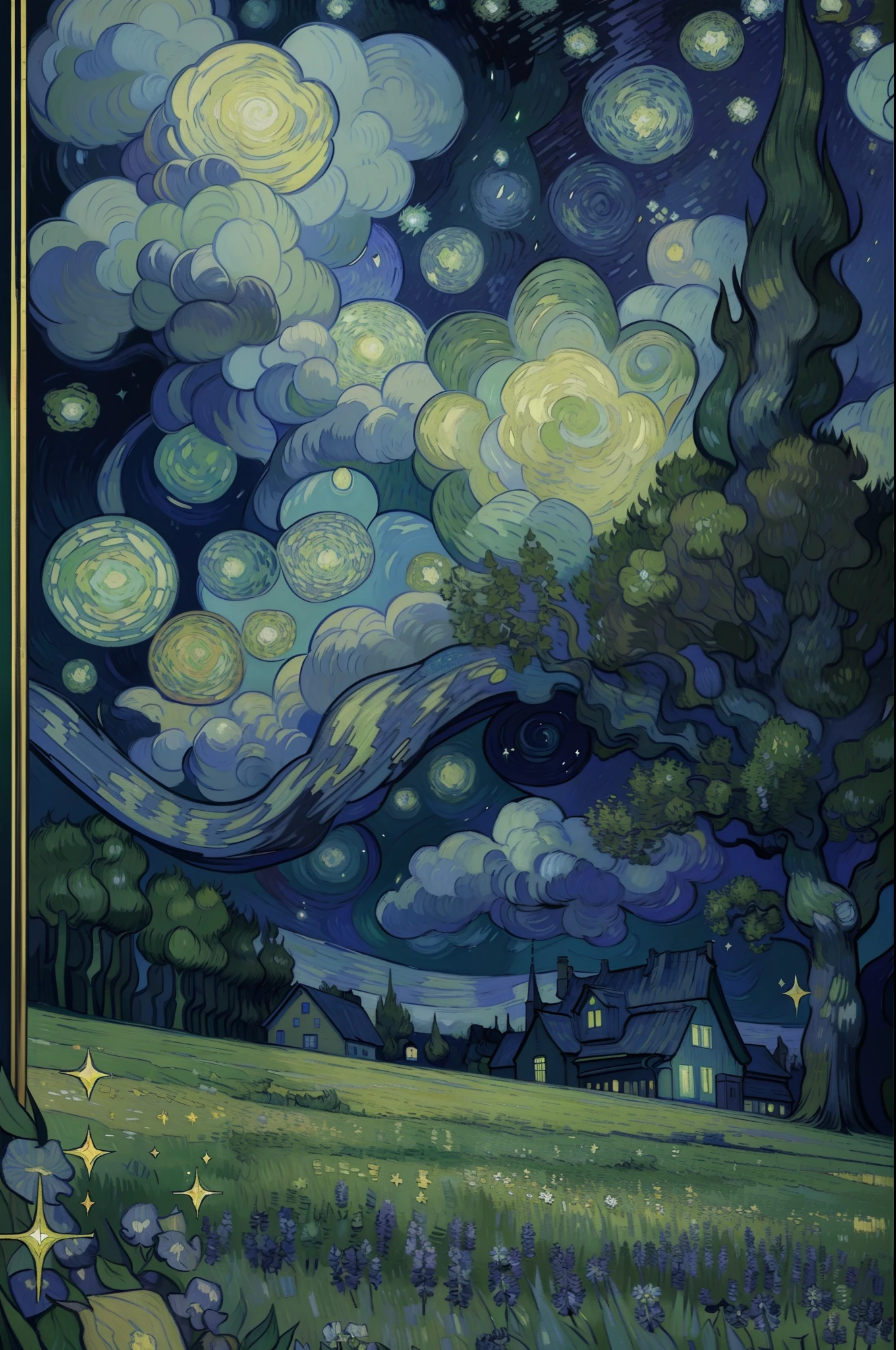 mansion, Lots of clover, stained glass windows, radiance, glistering, green color ((sparkle effect)), oil painting, 2d concept art, Poster for the game, no inscriptions, many details, van gogh style, Fantasy, Magic, shine, (a lot of clouds from Van Gogh),((van gogh style)), ((Patterns in the style of Van Gogh)), ((House in the style of Van Gogh))