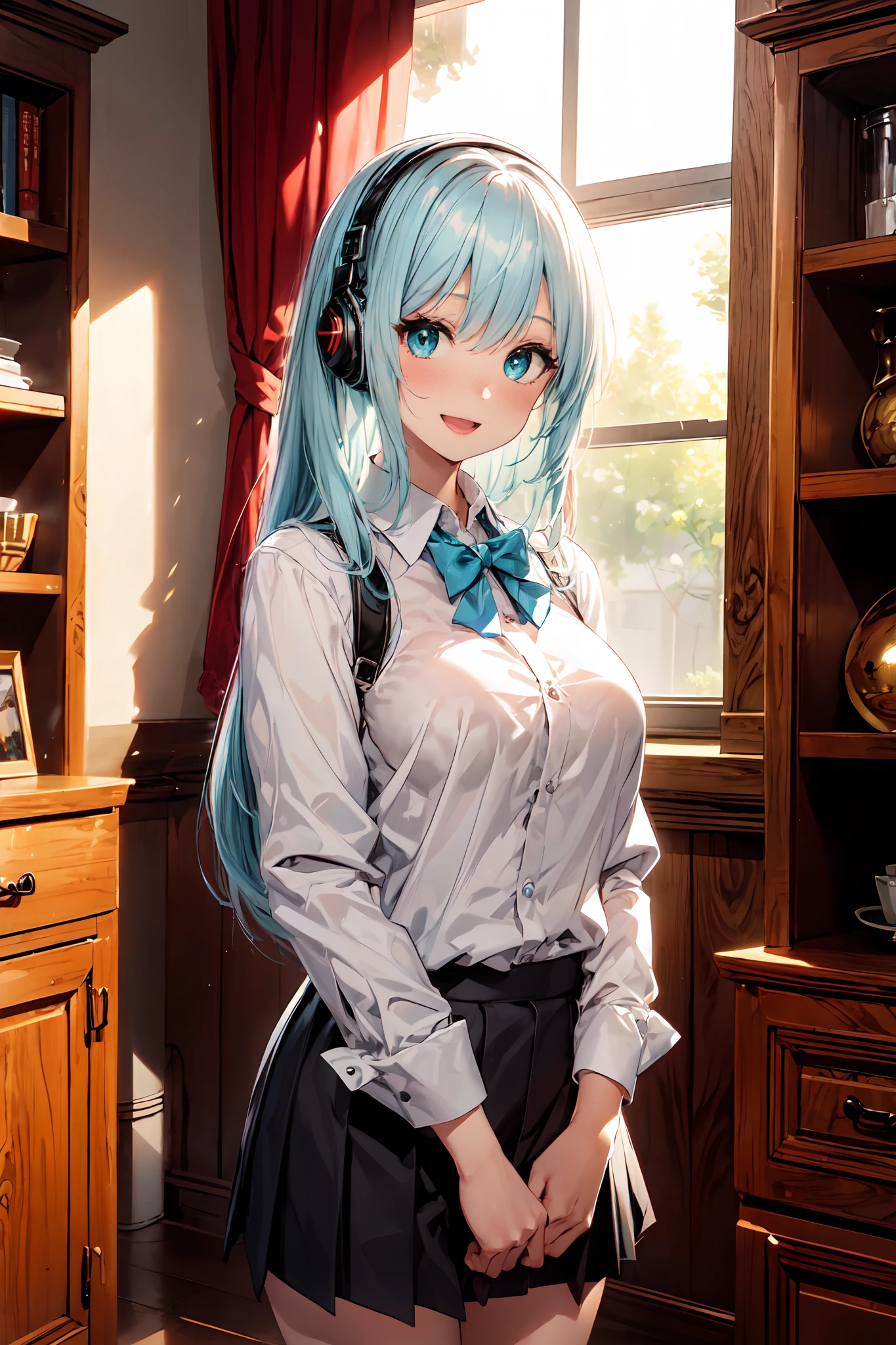 Beauty 1 person, Solo,(Cute:1.5),(Chibi:0.8), (kawaii:1.5),(Lori:0.5), BREAK, (17 years old girl), Very detailed, colourfull, highest details, Clear skin, Beautiful skin, Shy, Very detailed, colourfull, highest details, BREAK, Clear skin, Beautiful skin, Shy skin, 1 beautiful girl,{Heterochromia,pale blue eyes,pale green eyes:1.5}, star eye silhouette, BREAK , (lightblue hair,Semi-long hair,side poneyTail,Princess Cut:1.2),(Large breasts:1. 5), (long eyelashes, Double eyelids:1.2), Solo, gleaming skin, BREAK, ( :D, bowtie, blush,:1.2), Bangs,Cowboy Shot, dial,BREAK, Clear skin, Beautiful skin,BREAK,(Skirt,Pleated skirt, a miniskirt, Black skirt:1.1),(Collared shirt, Long sleeves, dress shirts, White shirt with open mouth, sleeves rolled up:1.2),School uniform,BREAK,(Conversations with other people,Place your left hand over your mouth:1.3), Black bow,Indoors, headphones, Looking at Viewer, Bring your tools, window, BREAK, wakame,wakame,wakame, (masutepiece, Best Quality, Highly detailed, Super Detail Art, High resolution, absurderes, 4K, 8K:1.2),(Official art, incredibly fine illustration, extremely details CG, Detailed background, Professional Lighting,Standing, Perfect hands, Detailed shiny skin, detailed hairs, Detailed eyes),(Highly detailed CG Unity 8k wallpaper), (Best Shadow), POV, Realistic lighting and shading, Natural light, Lens flare effect,absurderes, absolutely resolution, unbelievable Ridiculous, hight resolution, ultra-detailliert, Official art, Unity 8k壁纸, Kinetic Typography Break, 