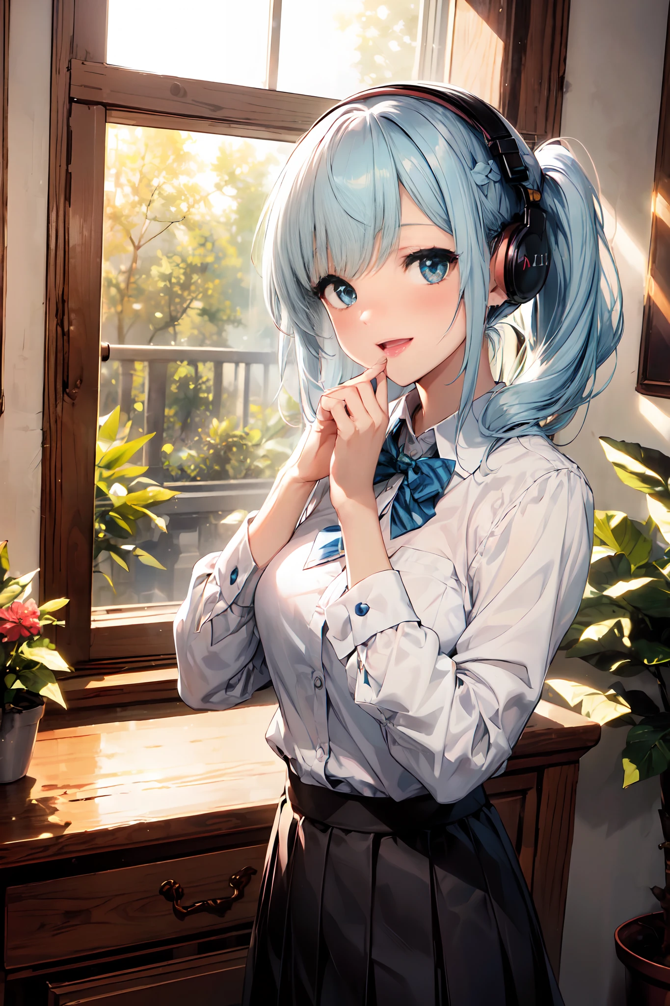Beauty 1 person, Solo,(Cute:1.5),(Chibi:0.8), (kawaii:1.5),(Lori:0.5), BREAK, (17 years old girl), Very detailed, colourfull, highest details, Clear skin, Beautiful skin, Shy, Very detailed, colourfull, highest details, BREAK, Clear skin, Beautiful skin, Shy skin, 1 beautiful girl,{Heterochromia,pale blue eyes,pale green eyes:1.5}, star eye silhouette, BREAK , (lightblue hair,Semi-long hair,side poneyTail,Princess Cut:1.2),(Large breasts:1. 5), (long eyelashes, Double eyelids:1.2), Solo, gleaming skin, BREAK, ( :D, bowtie, blush,:1.2), Bangs,Cowboy Shot, dial,BREAK, Clear skin, Beautiful skin,BREAK,(Skirt,Pleated skirt, a miniskirt, Black skirt:1.1),(Collared shirt, Long sleeves, dress shirts, White shirt with open mouth, sleeves rolled up:1.2),School uniform,BREAK,(Conversations with other people,Place your left hand over your mouth:1.3), Black bow,Indoors, headphones, Looking at Viewer, Bring your tools, window, BREAK, wakame,wakame,wakame, (masutepiece, Best Quality, Highly detailed, Super Detail Art, High resolution, absurderes, 4K, 8K:1.2),(Official art, incredibly fine illustration, extremely details CG, Detailed background, Professional Lighting,Standing, Perfect hands, Detailed shiny skin, detailed hairs, Detailed eyes),(Highly detailed CG Unity 8k wallpaper), (Best Shadow), POV, Realistic lighting and shading, Natural light, Lens flare effect,absurderes, absolutely resolution, unbelievable Ridiculous, hight resolution, ultra-detailliert, Official art, Unity 8k壁纸, Kinetic Typography Break, ‎