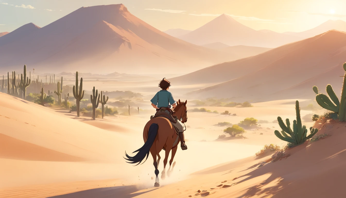 (best quality,4k,8k,highres,masterpiece:1.2),ultra-detailed,(realistic,photorealistic,photo-realistic:1.37),desert landscape,boy riding horse,boy's detailed face,teenage boy riding away,boy in a cowboy hat,boy with determined expression,dusty atmosphere,hot sunny day,lonely horizon,wide open space,barren sandy ground,distant mountains,endless desert,scorching sun,desolate scenery,strong shadows,trojan native,sand blowing in the wind,cactus plants,remote location,exquisite cowboy outfit,wilderness adventure,retreating into the unknown,faraway destination,hopeful journey,saddled horse,kicking up dust,subtle warm color tones,sun-kissed skin,dappled sunlight on the sand,equestrian exploration,unbeatable spirit,brave young rider,uncharted territory,boundless sky,horse galloping,adventurous spirit,escaping the mundane,free-spirited,promising future,mysterious aura.