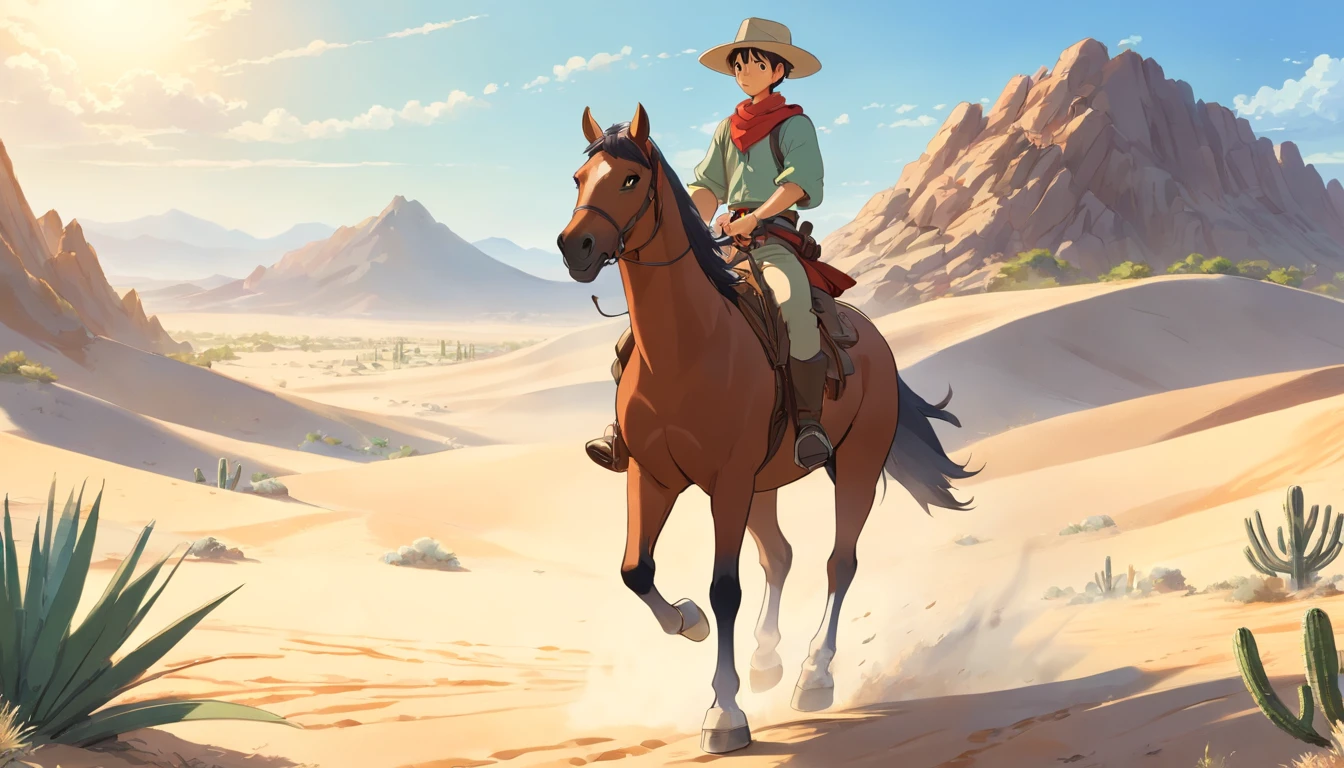 (best quality,4k,8k,highres,masterpiece:1.2),ultra-detailed,(realistic,photorealistic,photo-realistic:1.37),desert landscape,boy riding horse,boy's detailed face,age boy riding away,boy in a cowboy hat,boy with determined expression,dusty atmosphere,hot sunny day,lonely horizon,wide open space,barren sandy ground,distant mountains,endless desert,scorching sun,desolate scenery,strong shadows,trojan native,sand blowing in the wind,cactus plants,remote location,exquisite cowboy outfit,wilderness adventure,retreating into the unknown,faraway destination,hopeful journey,saddled horse,kicking up dust,subtle warm color tones,sun-kissed skin,dappled sunlight on the sand,equestrian exploration,unbeatable spirit,brave young rider,uncharted territory,boundless sky,horse galloping,adventurous spirit,escaping the mundane,free-spirited,promising future,mysterious aura.