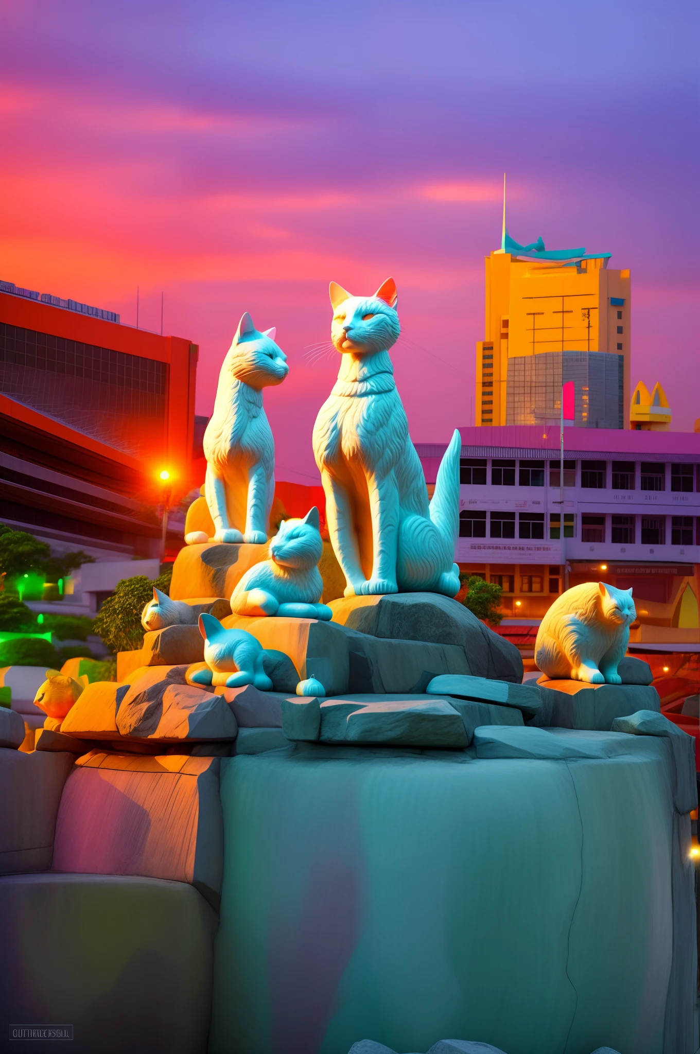 there are many statues of cats on a rock in the middle of a city, painted sculptures, color image, kuching sarawak, trending artwork, semi-realism, sunrise, ambience lighting