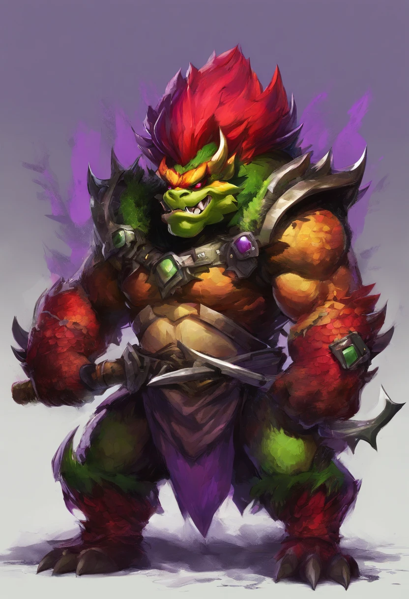 Bowser, bright crimson red scales with black underscales, purple forehead mark on head, grass-like green mane, black shell with purple spikes, arm axe, masterpiece, best quality