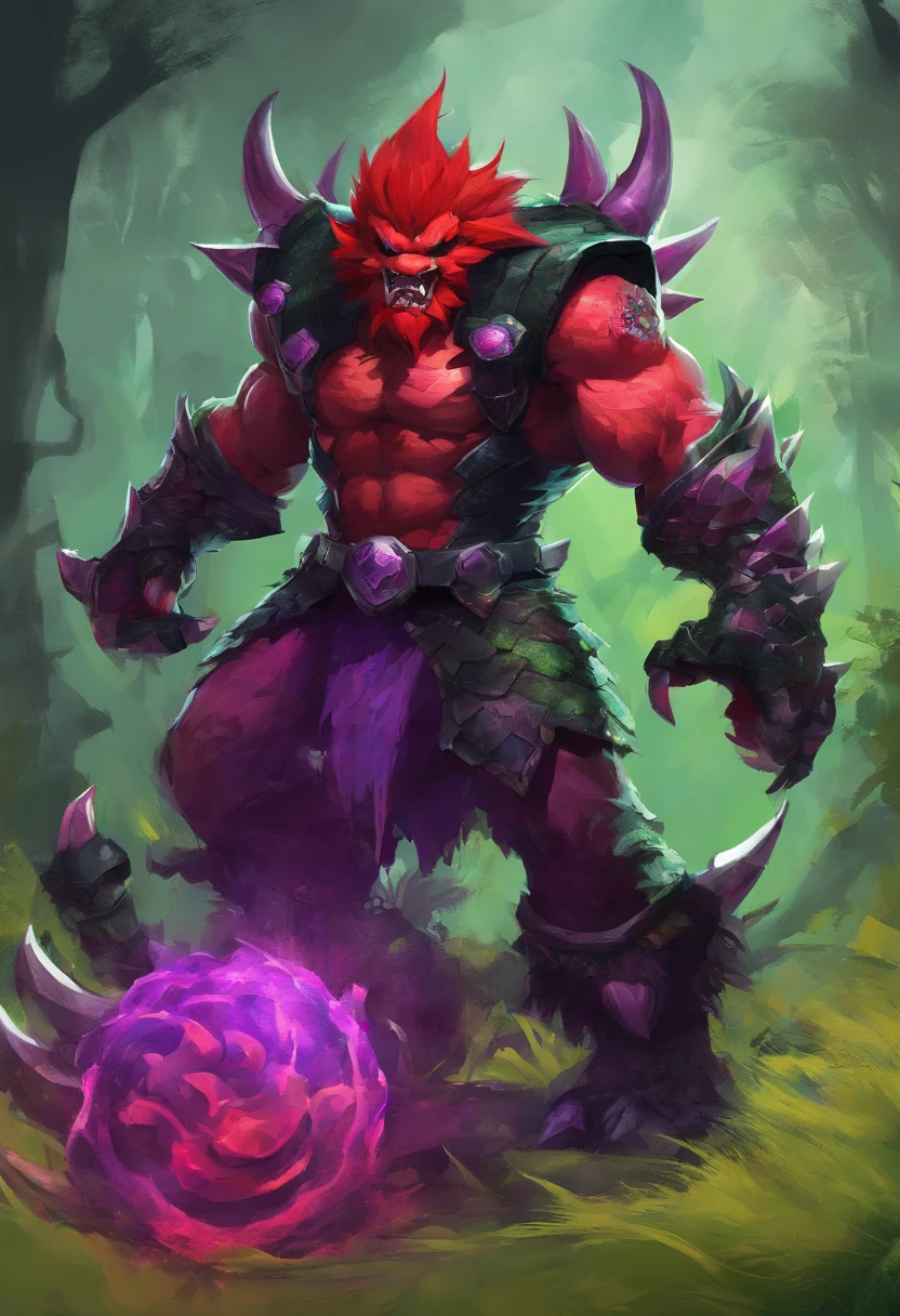 Bowser, bright crimson red scales with black underscales, purple forehead mark on head, grass-like green mane, black shell with purple spikes, arm axe, masterpiece, best quality